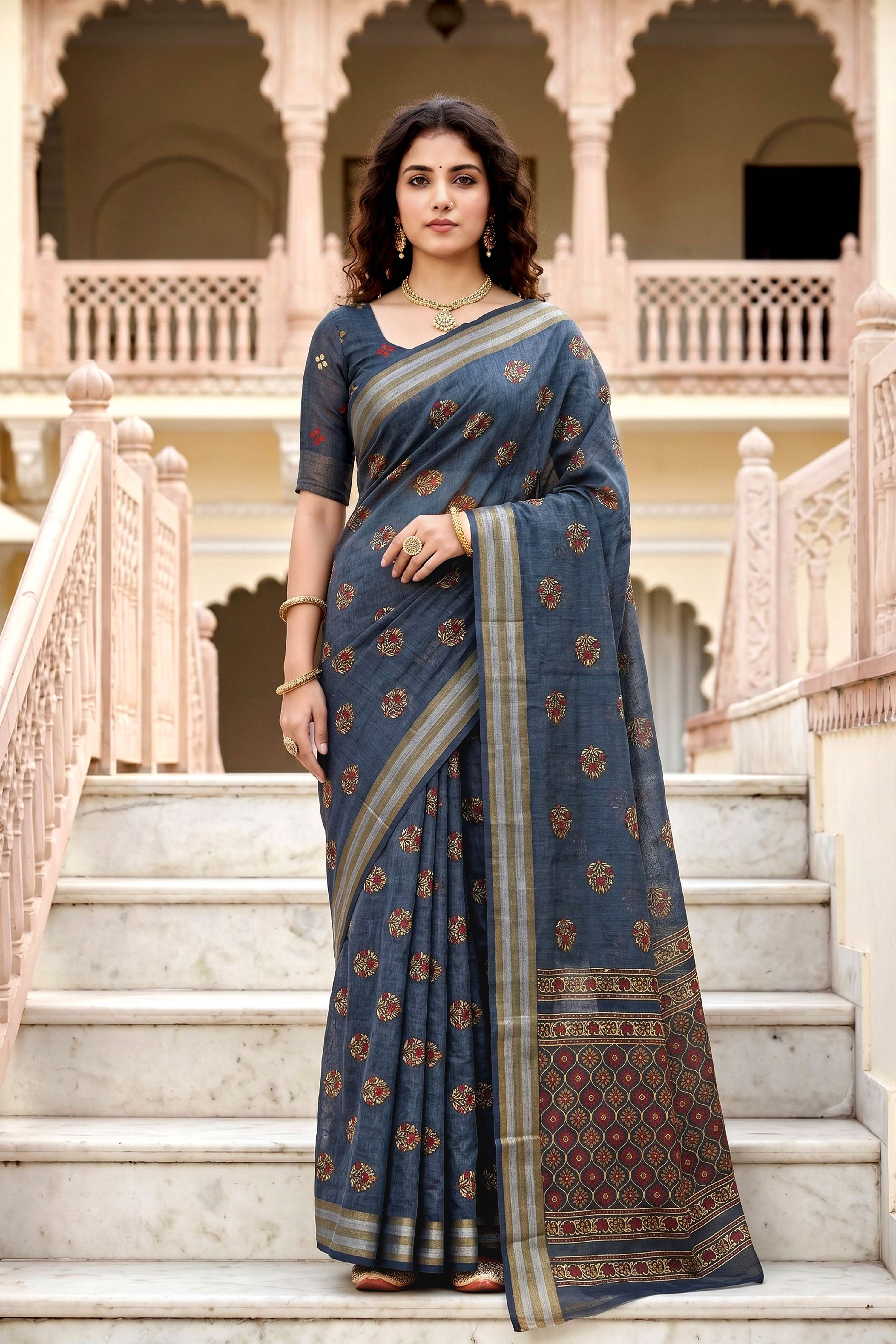 Sangam Prints Gray Cotton Print Woven Work Traditional Saree | Grocsy