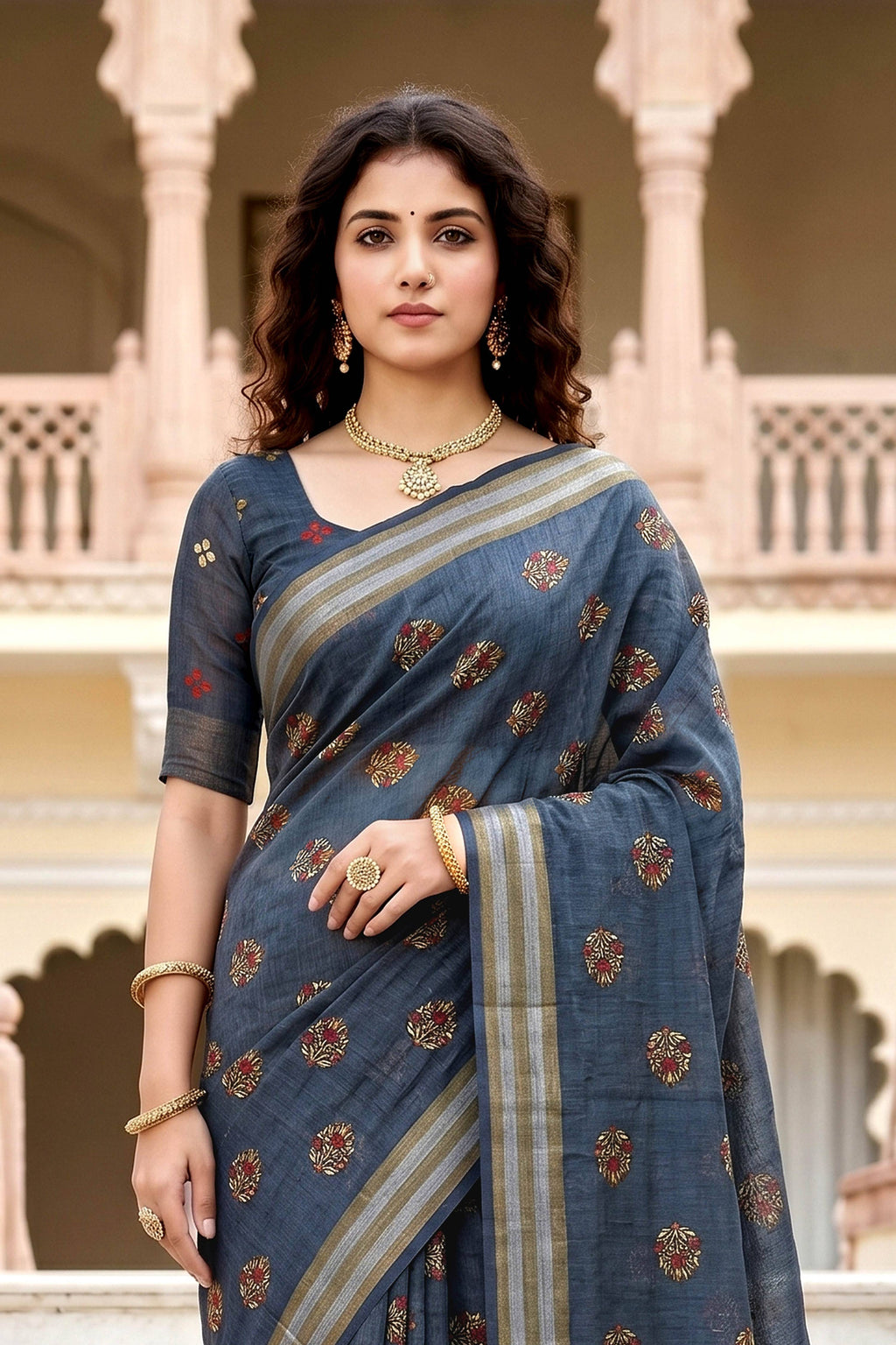 Sangam Prints Gray Cotton Print Woven Work Traditional Saree | Grocsy