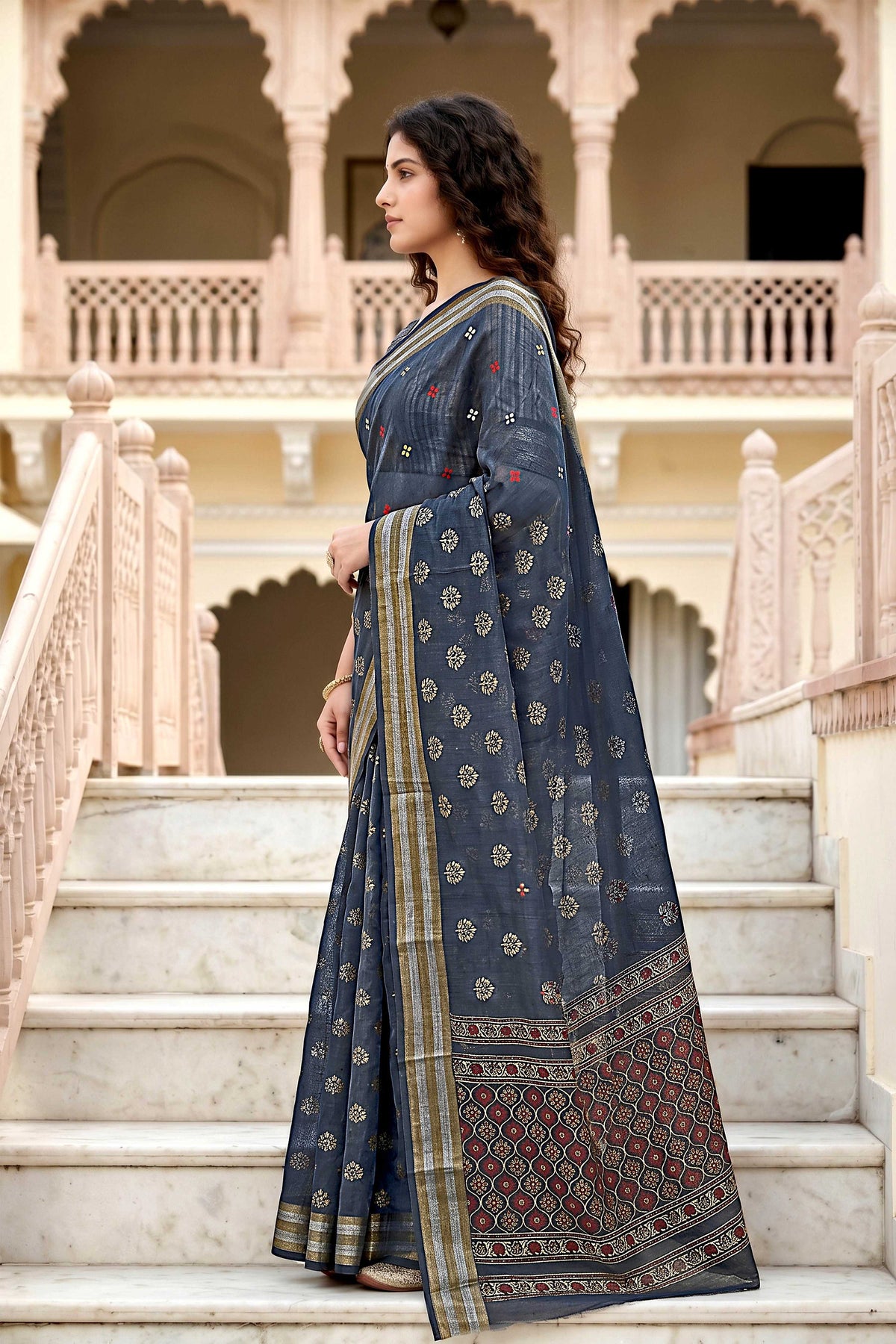 Sangam Prints Gray Cotton Print Woven Work Traditional Saree | Grocsy