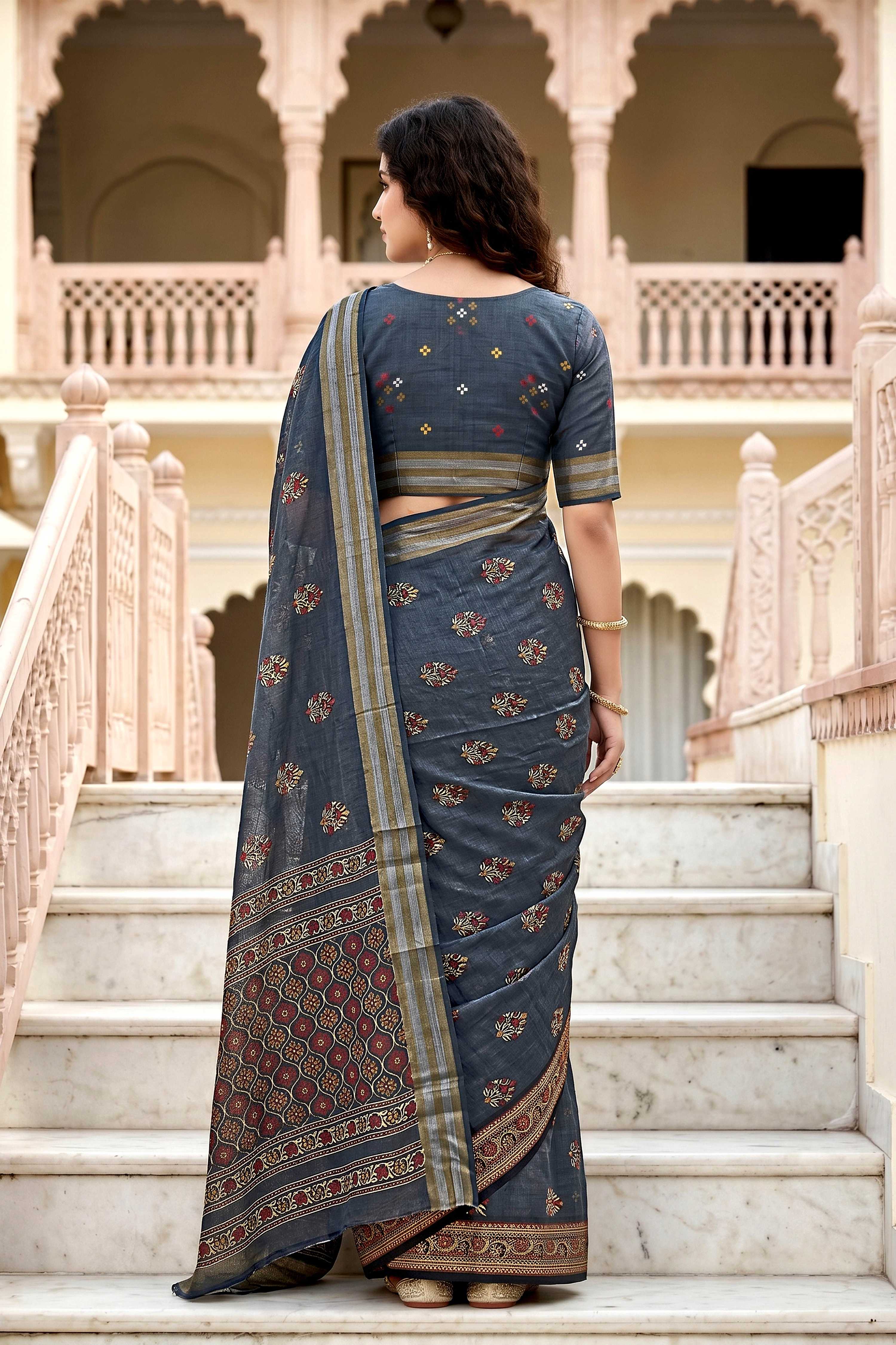 Sangam Prints Gray Cotton Print Woven Work Traditional Saree | Grocsy