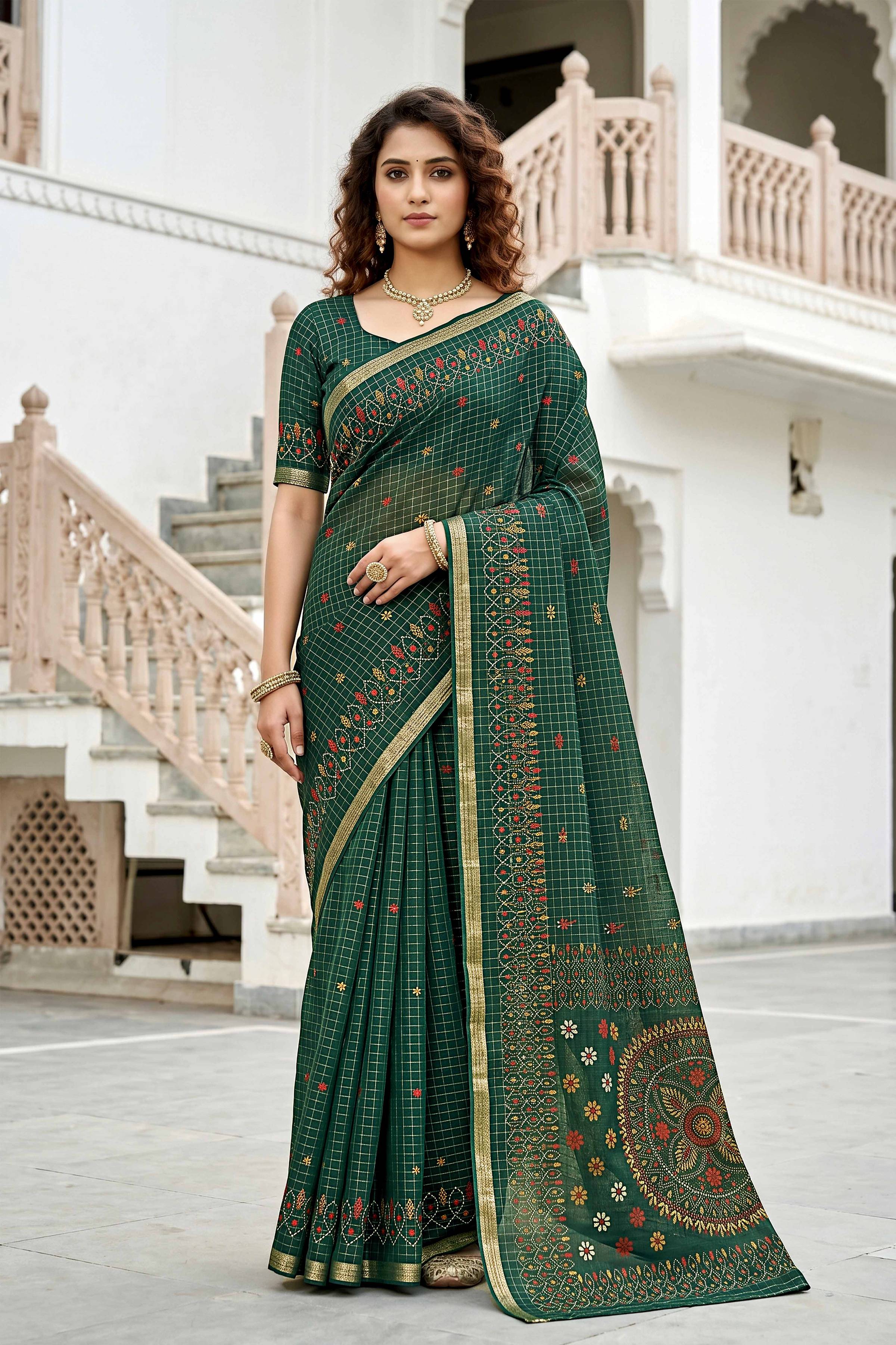 Sangam Prints Green Cotton Print Woven Work Traditional Saree | Grocsy