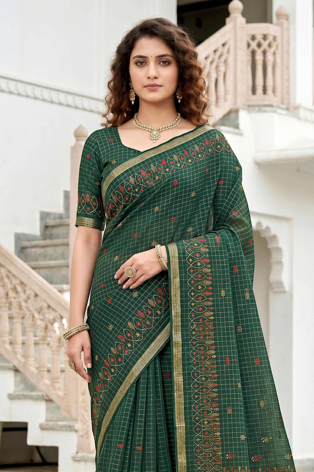 Sangam Prints Green Cotton Print Woven Work Traditional Saree | Grocsy