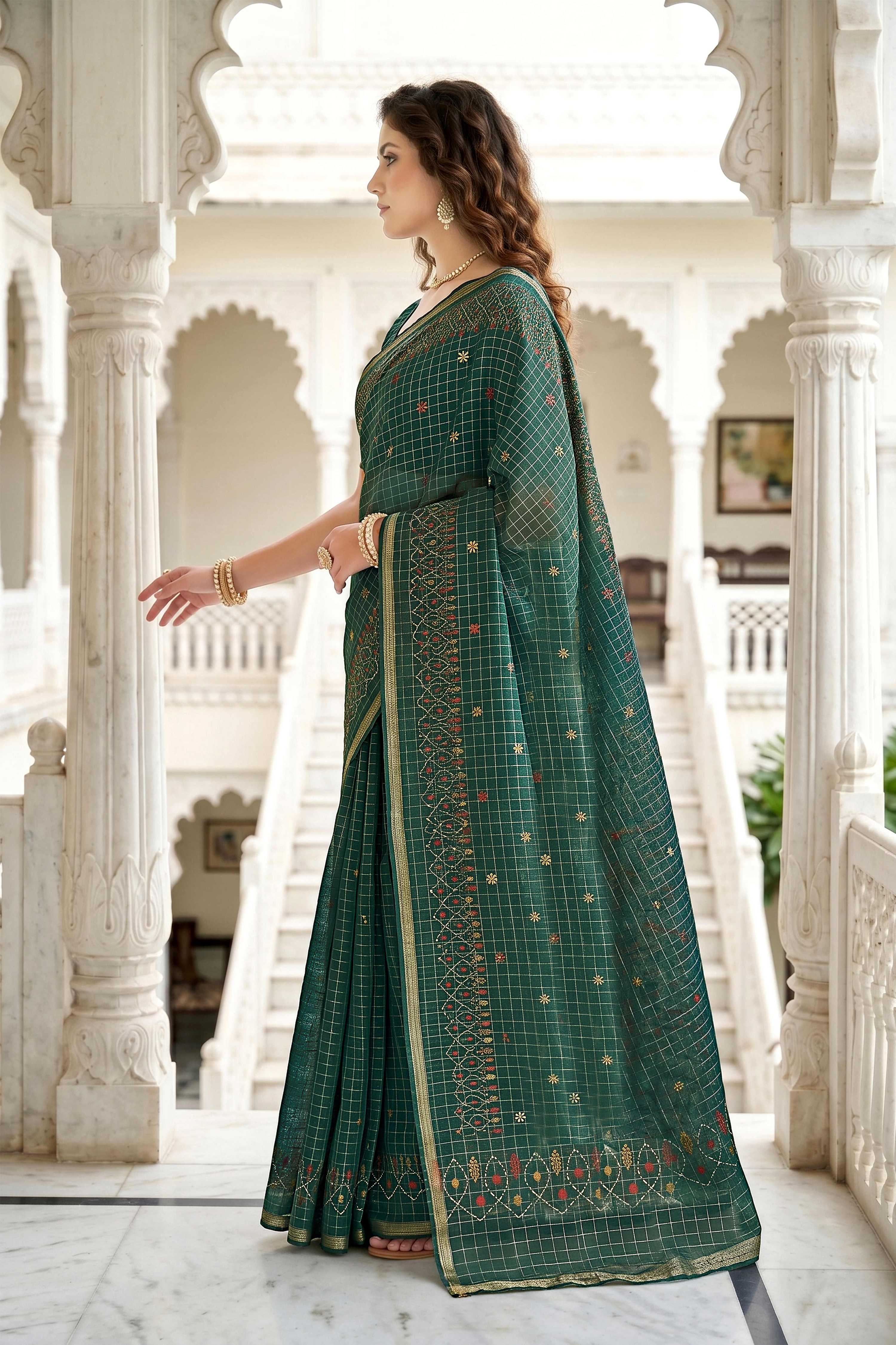 Sangam Prints Green Cotton Print Woven Work Traditional Saree | Grocsy