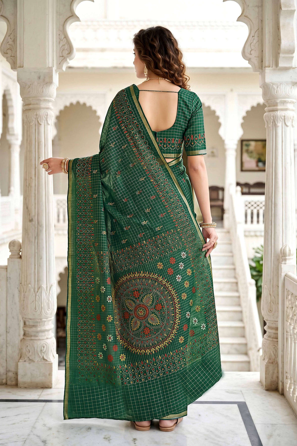 Sangam Prints Green Cotton Print Woven Work Traditional Saree | Grocsy
