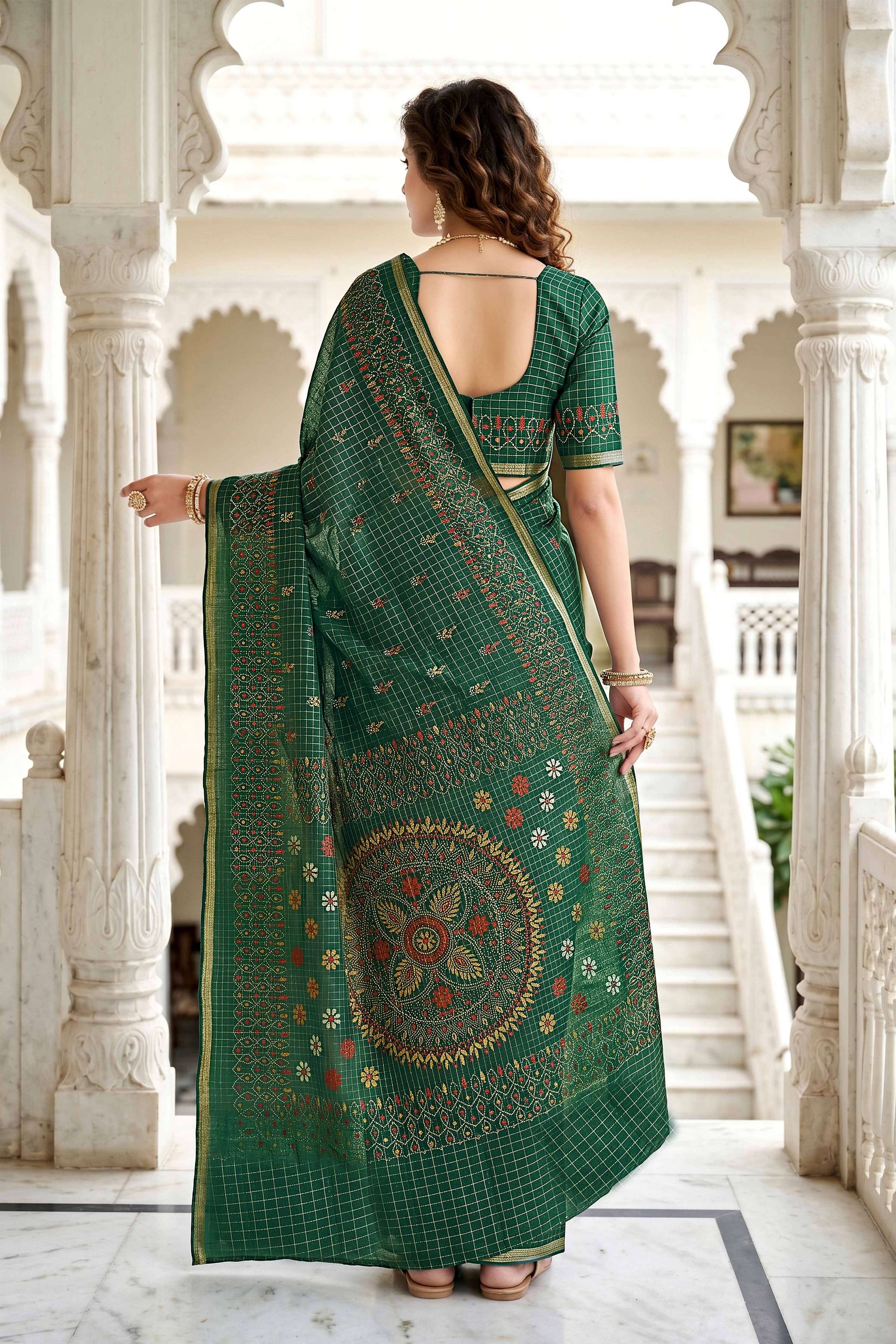 Sangam Prints Green Cotton Print Woven Work Traditional Saree | Grocsy