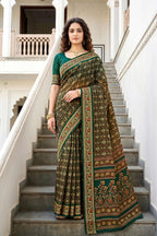 Sangam Prints Dark Green Cotton Print Woven Work Traditional Saree | Grocsy