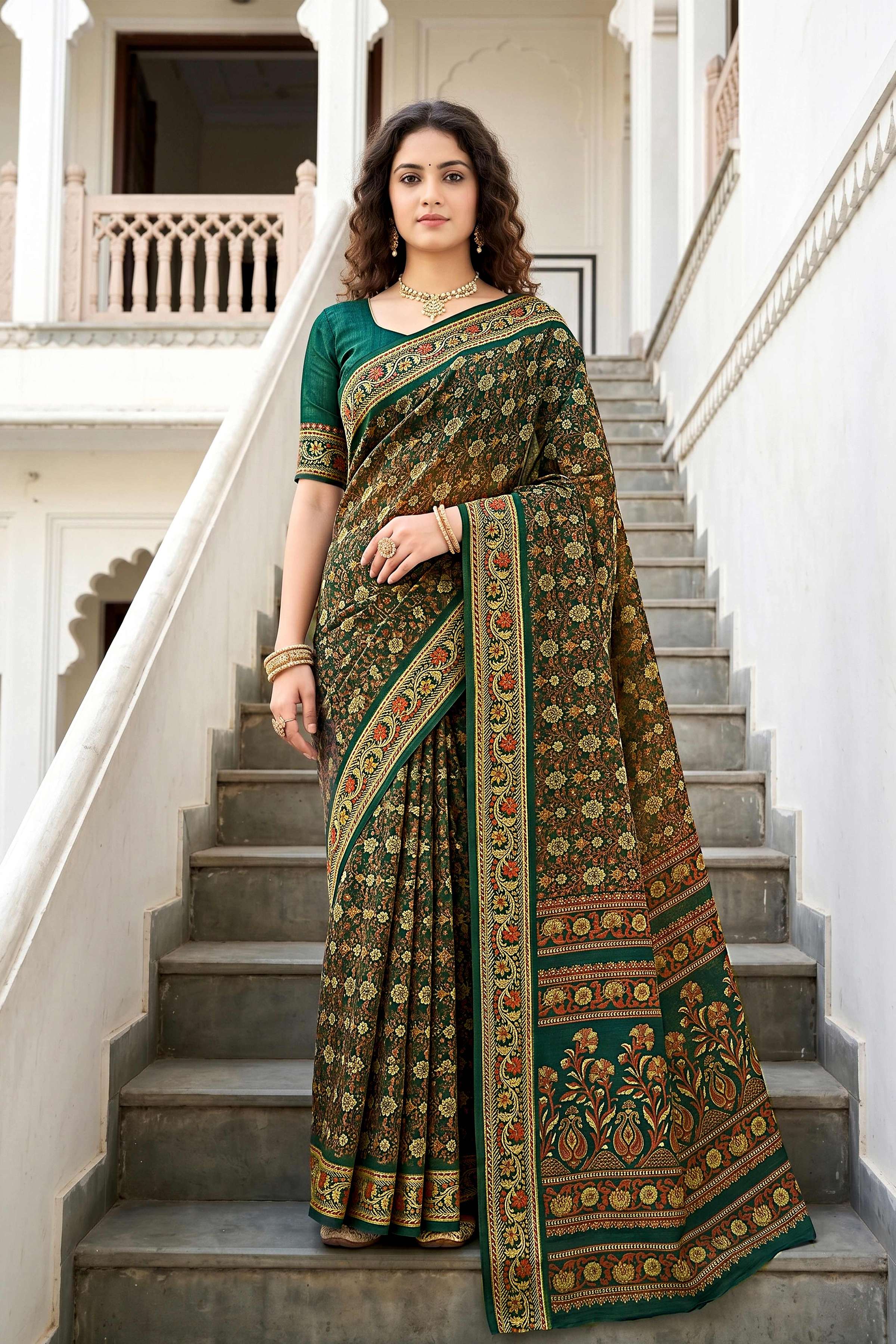 Sangam Prints Dark Green Cotton Print Woven Work Traditional Saree | Grocsy