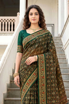 Sangam Prints Dark Green Cotton Print Woven Work Traditional Saree | Grocsy