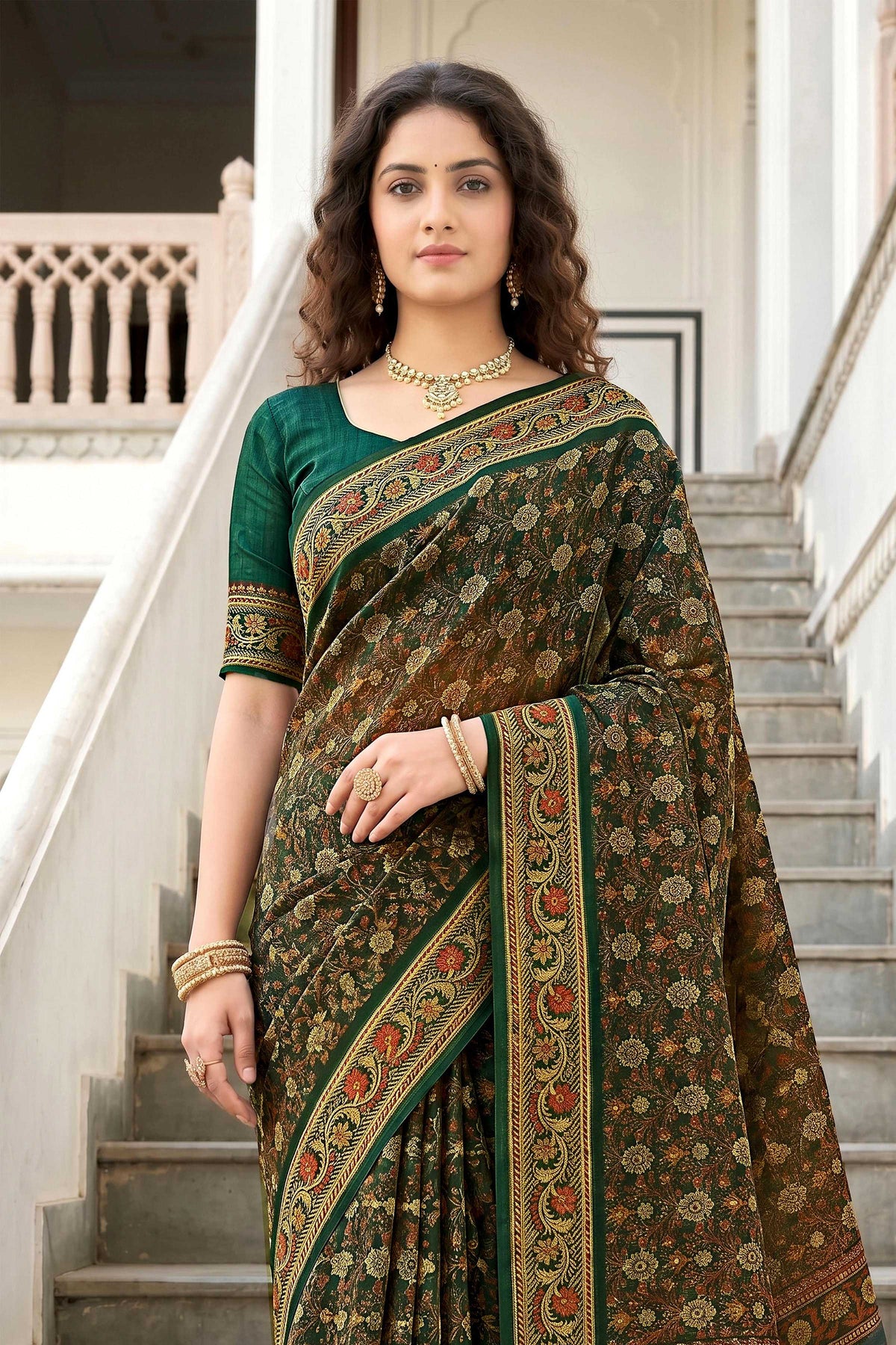 Sangam Prints Dark Green Cotton Print Woven Work Traditional Saree | Grocsy