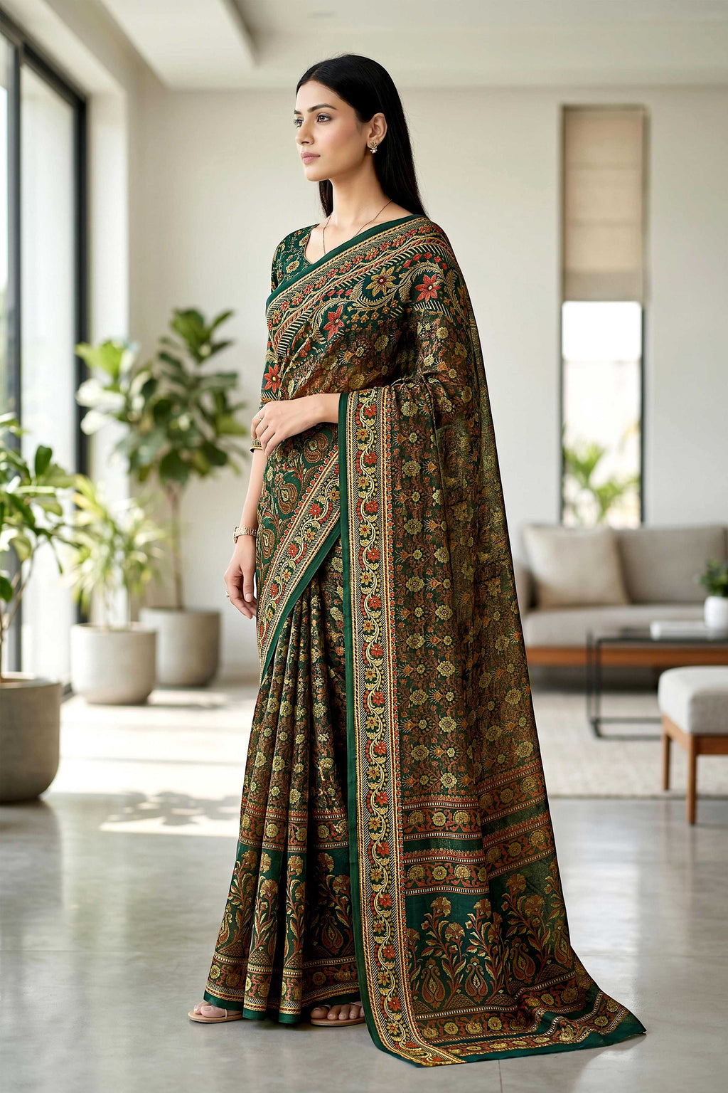 Sangam Prints Dark Green Cotton Print Woven Work Traditional Saree | Grocsy