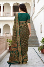 Sangam Prints Dark Green Cotton Print Woven Work Traditional Saree | Grocsy