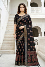 Sangam Prints Black Cotton Print Woven Work Traditional Saree | Grocsy