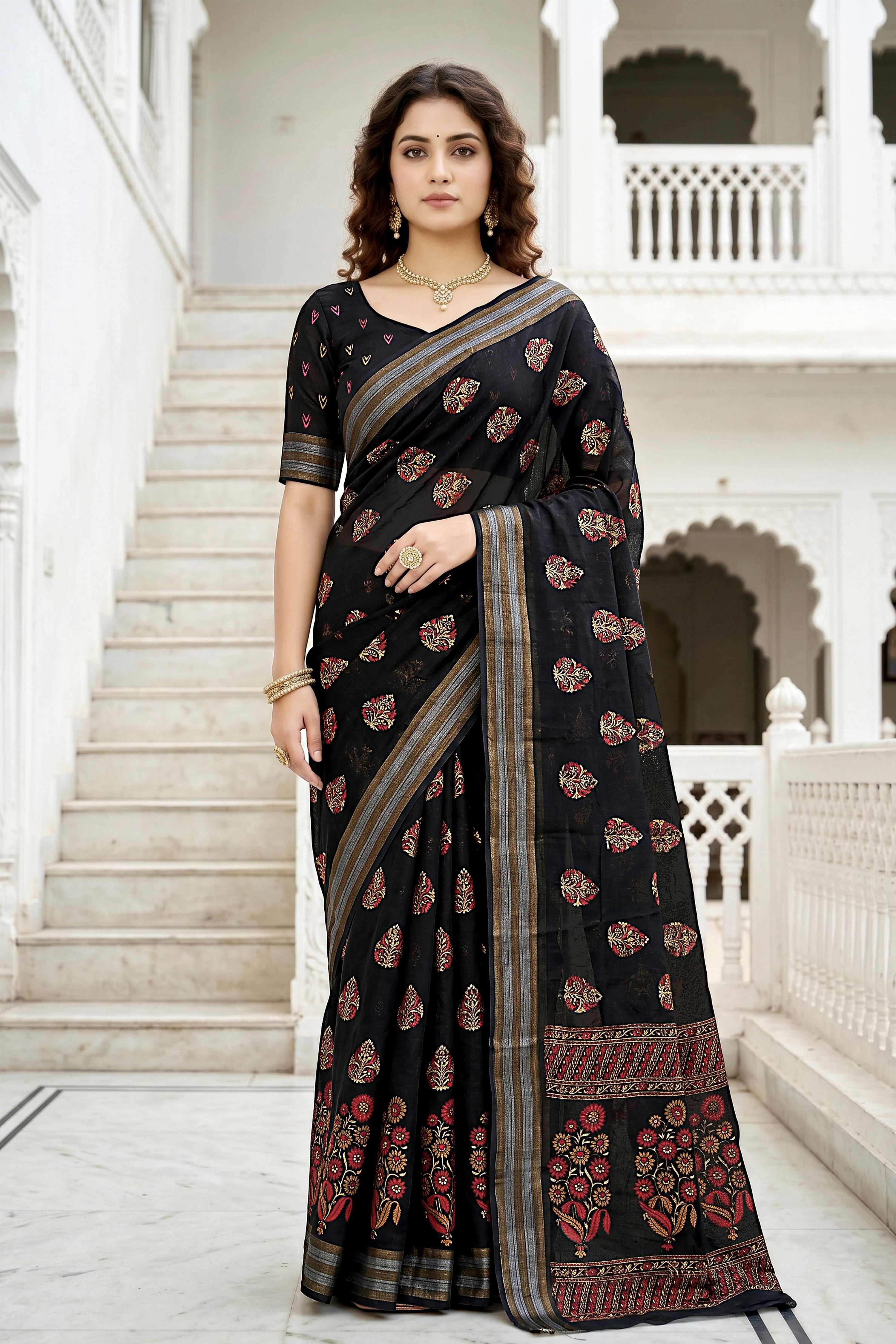 Sangam Prints Black Cotton Print Woven Work Traditional Saree | Grocsy