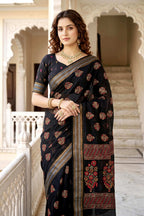 Sangam Prints Black Cotton Print Woven Work Traditional Saree | Grocsy