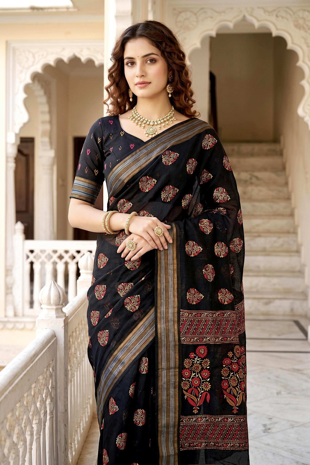 Sangam Prints Black Cotton Print Woven Work Traditional Saree | Grocsy