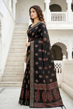 Sangam Prints Black Cotton Print Woven Work Traditional Saree | Grocsy