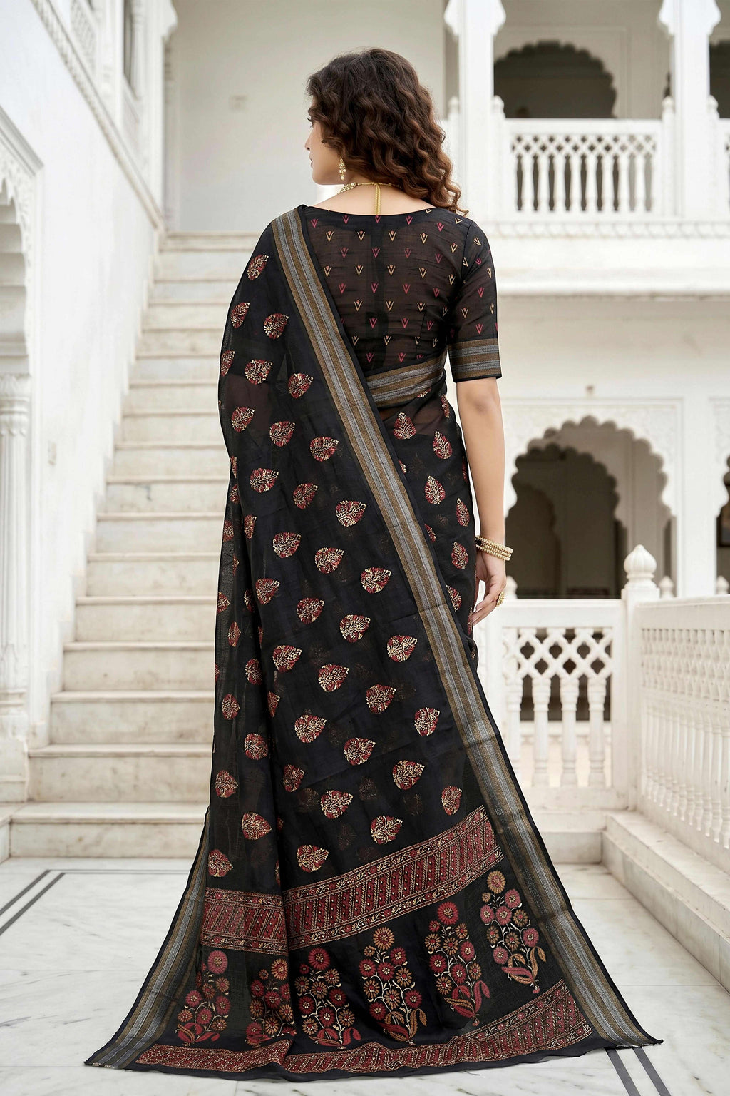 Sangam Prints Black Cotton Print Woven Work Traditional Saree | Grocsy