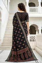 Sangam Prints Black Cotton Print Woven Work Traditional Saree | Grocsy