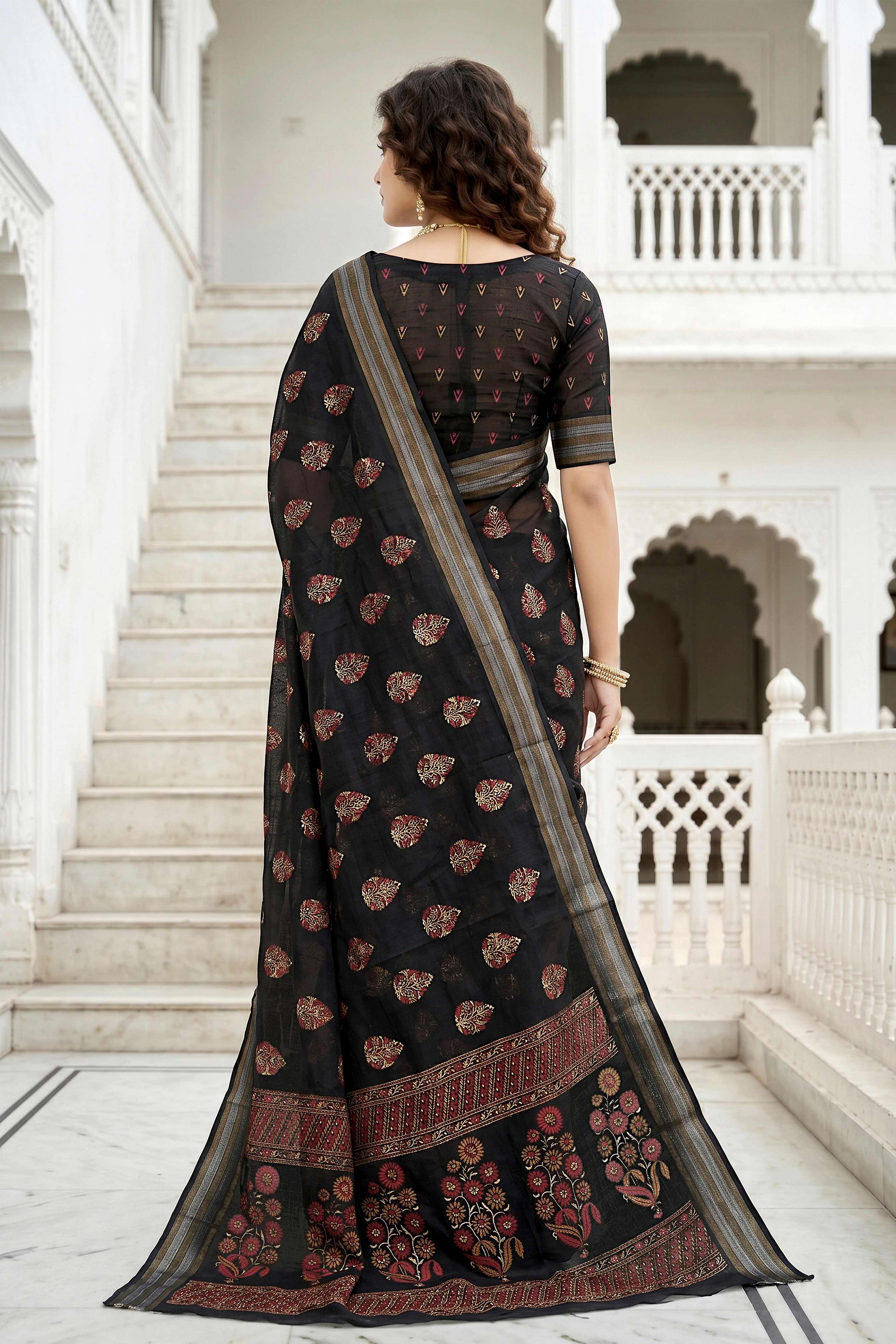 Sangam Prints Black Cotton Print Woven Work Traditional Saree | Grocsy