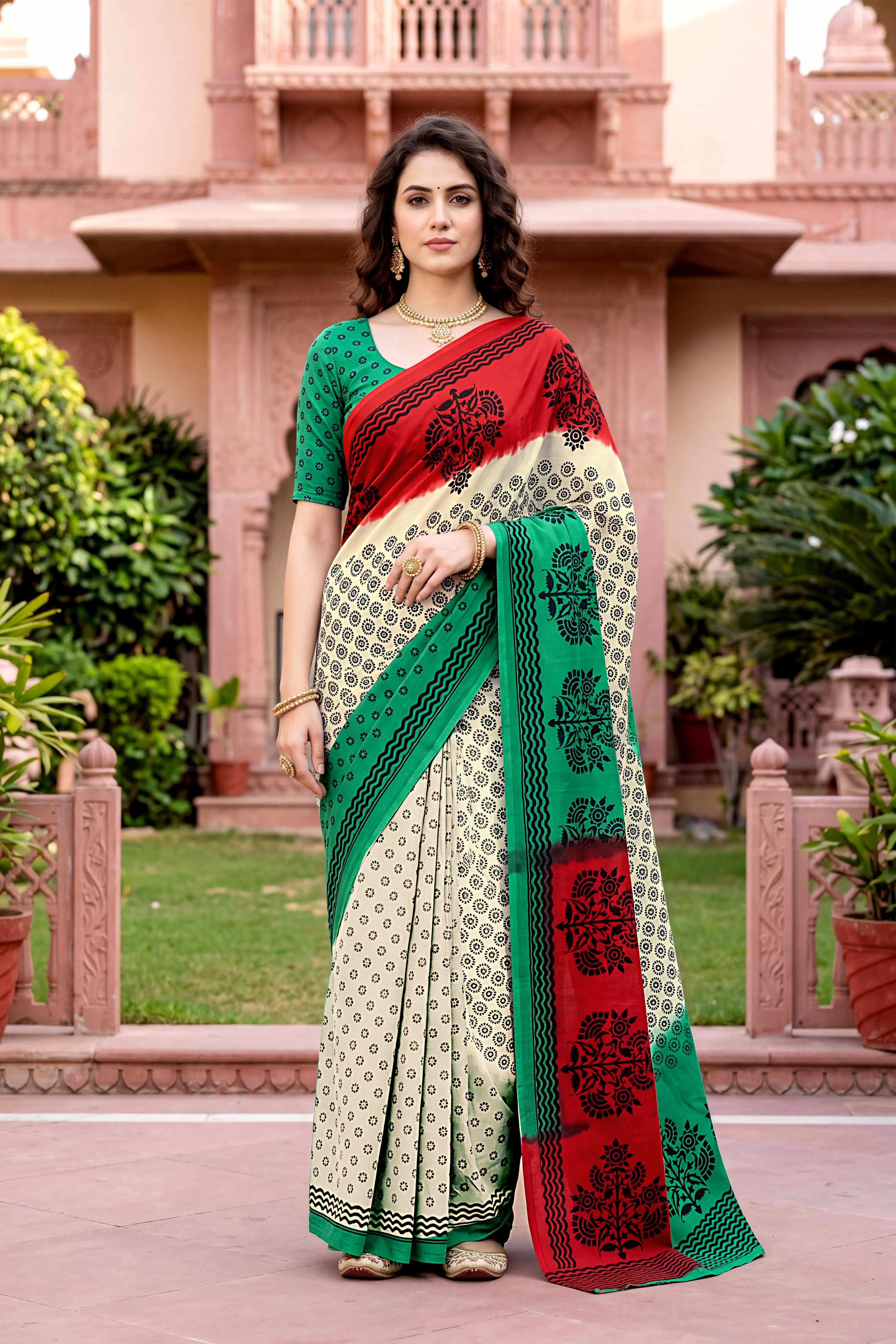 Sangam Prints Off-White Cotton Print Woven Work Traditional Saree | Grocsy
