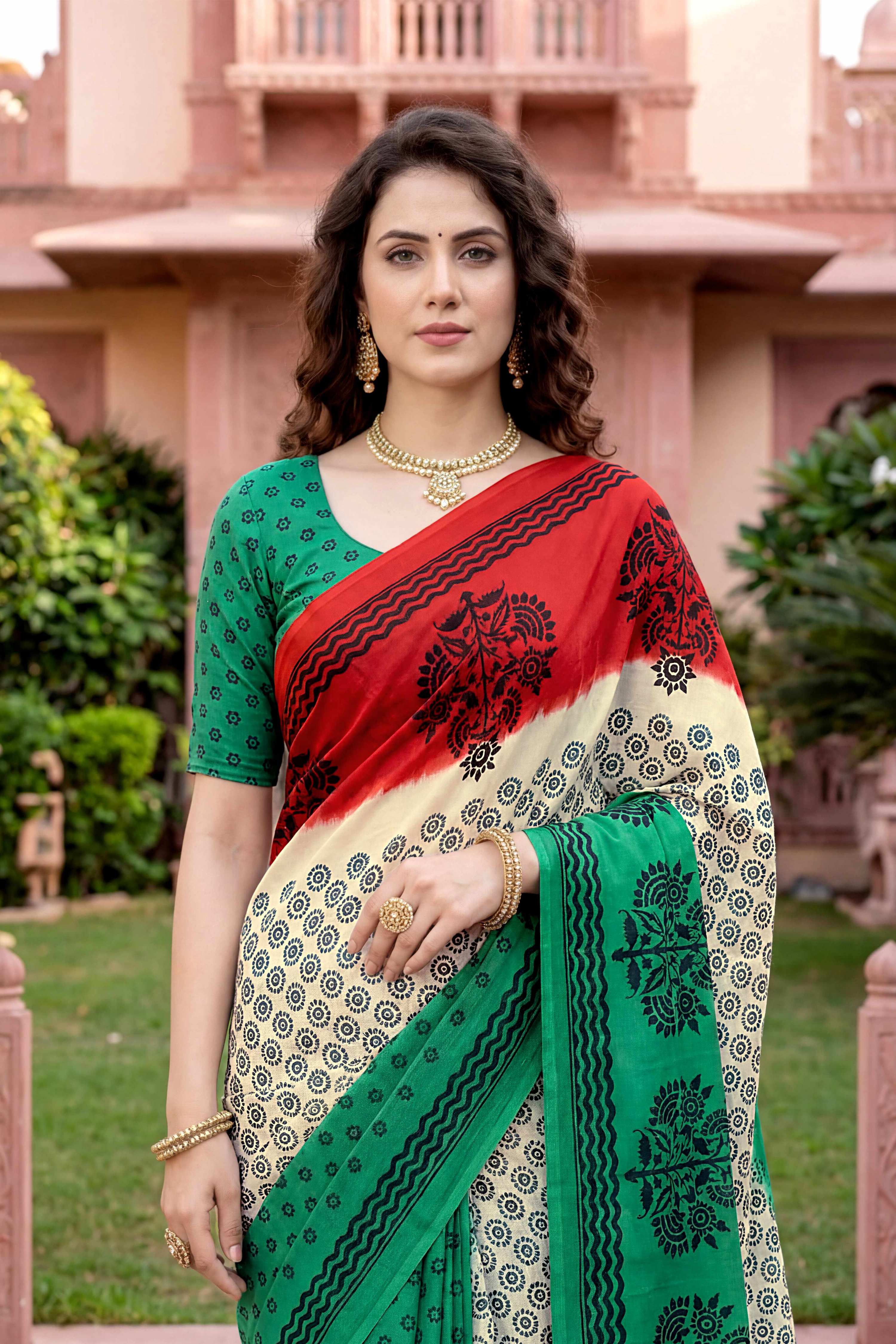 Sangam Prints Off-White Cotton Print Woven Work Traditional Saree | Grocsy