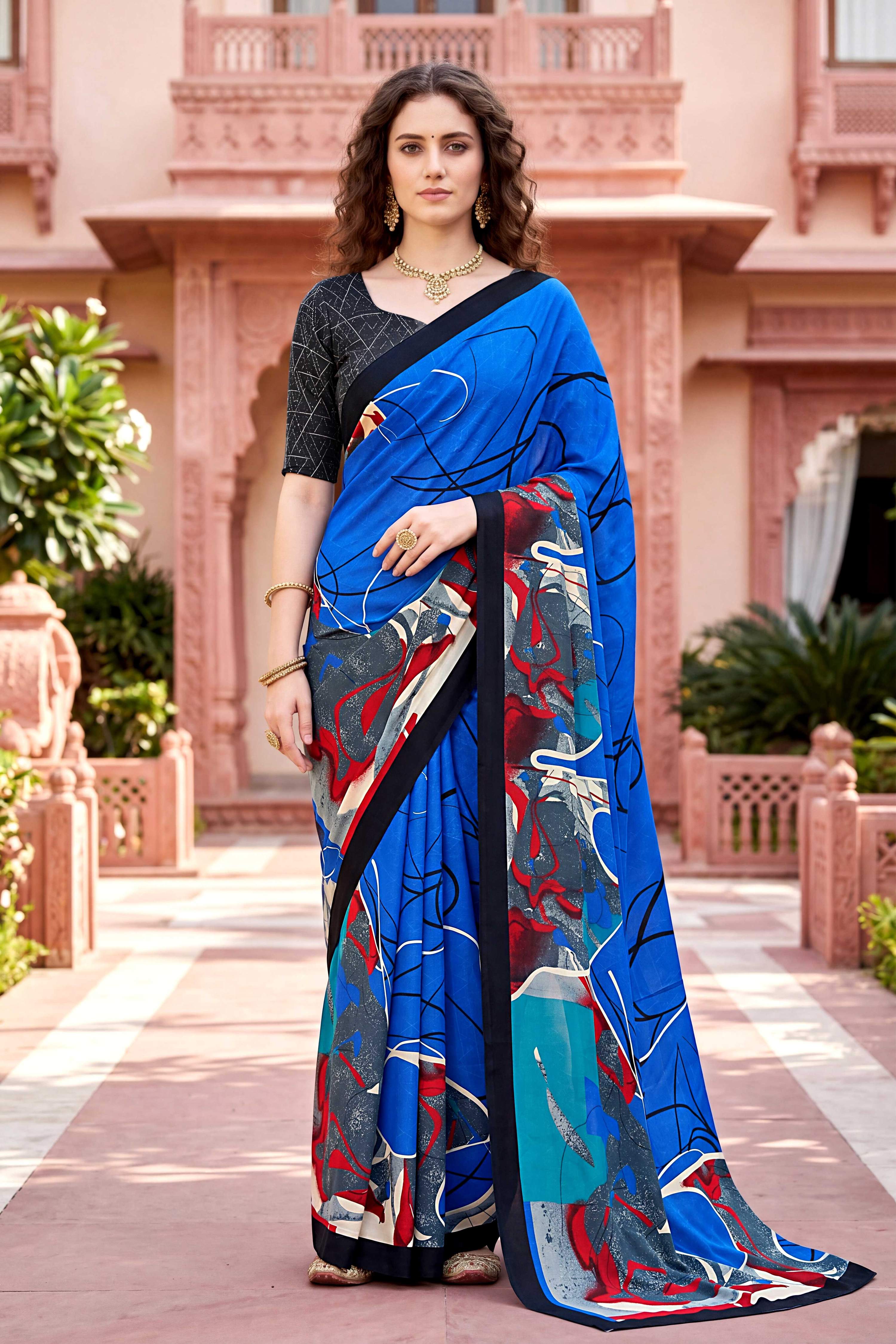 Sangam Prints Blue Cotton Print Woven Work Traditional Saree | Grocsy