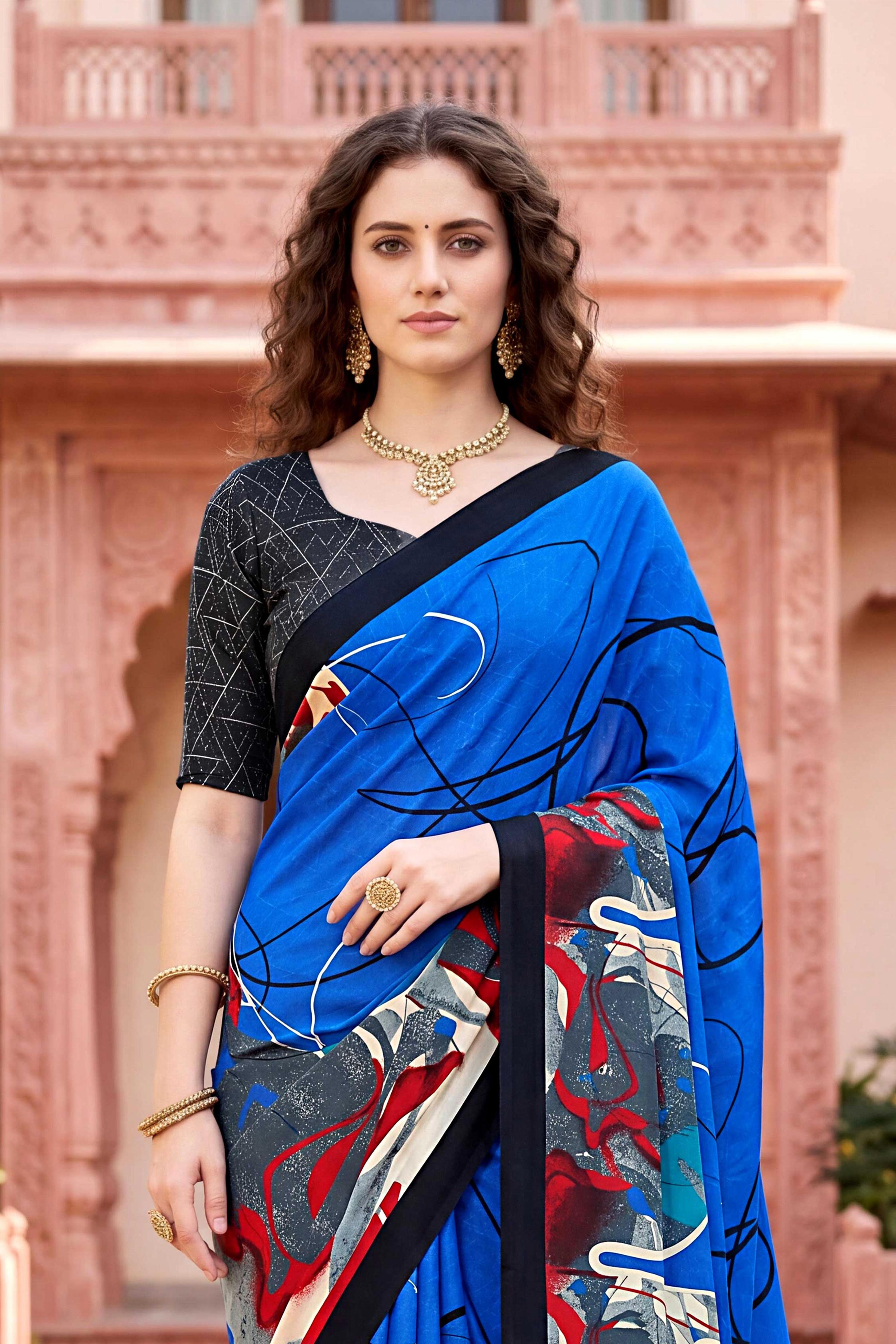 Sangam Prints Blue Cotton Print Woven Work Traditional Saree | Grocsy