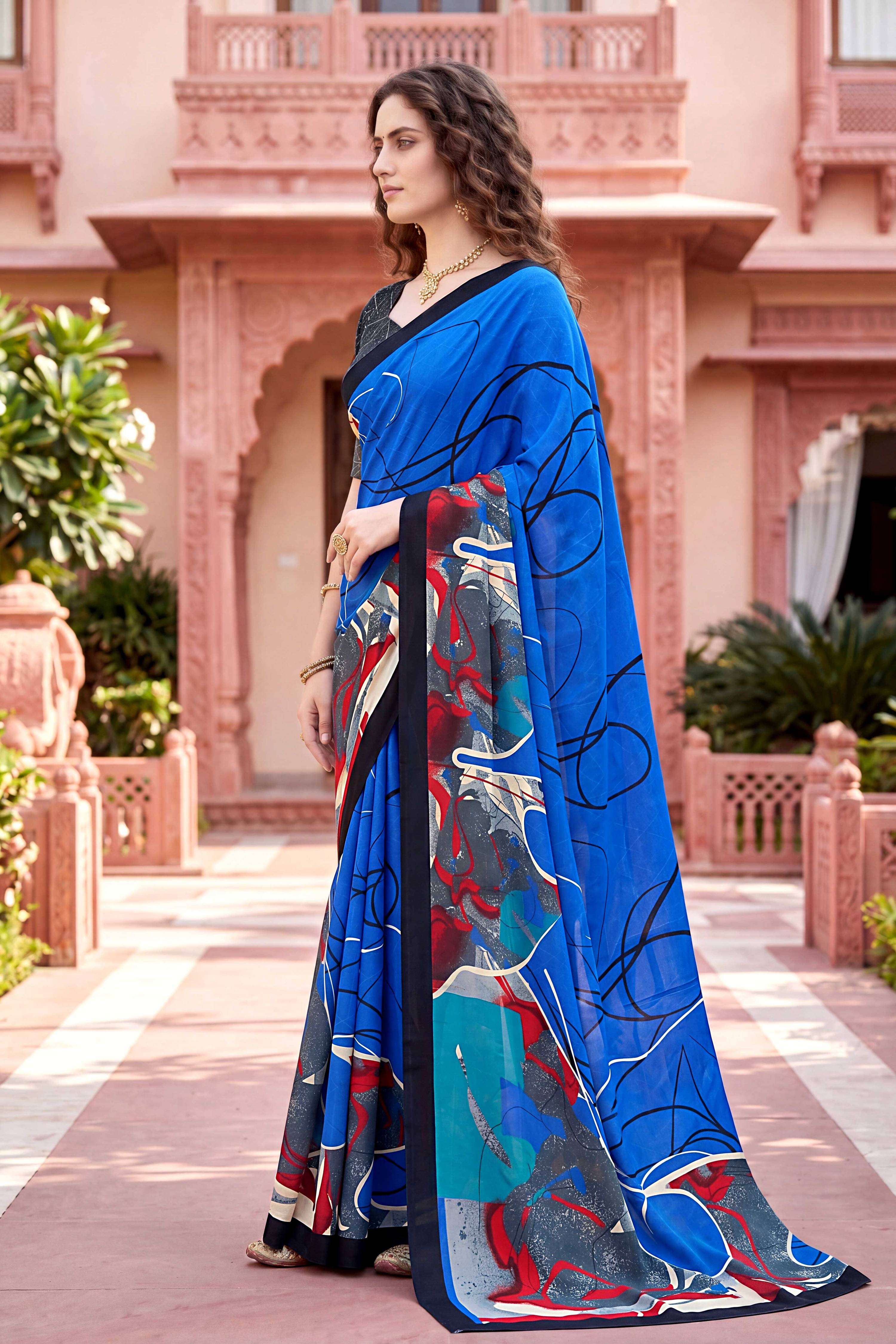 Sangam Prints Blue Cotton Print Woven Work Traditional Saree | Grocsy