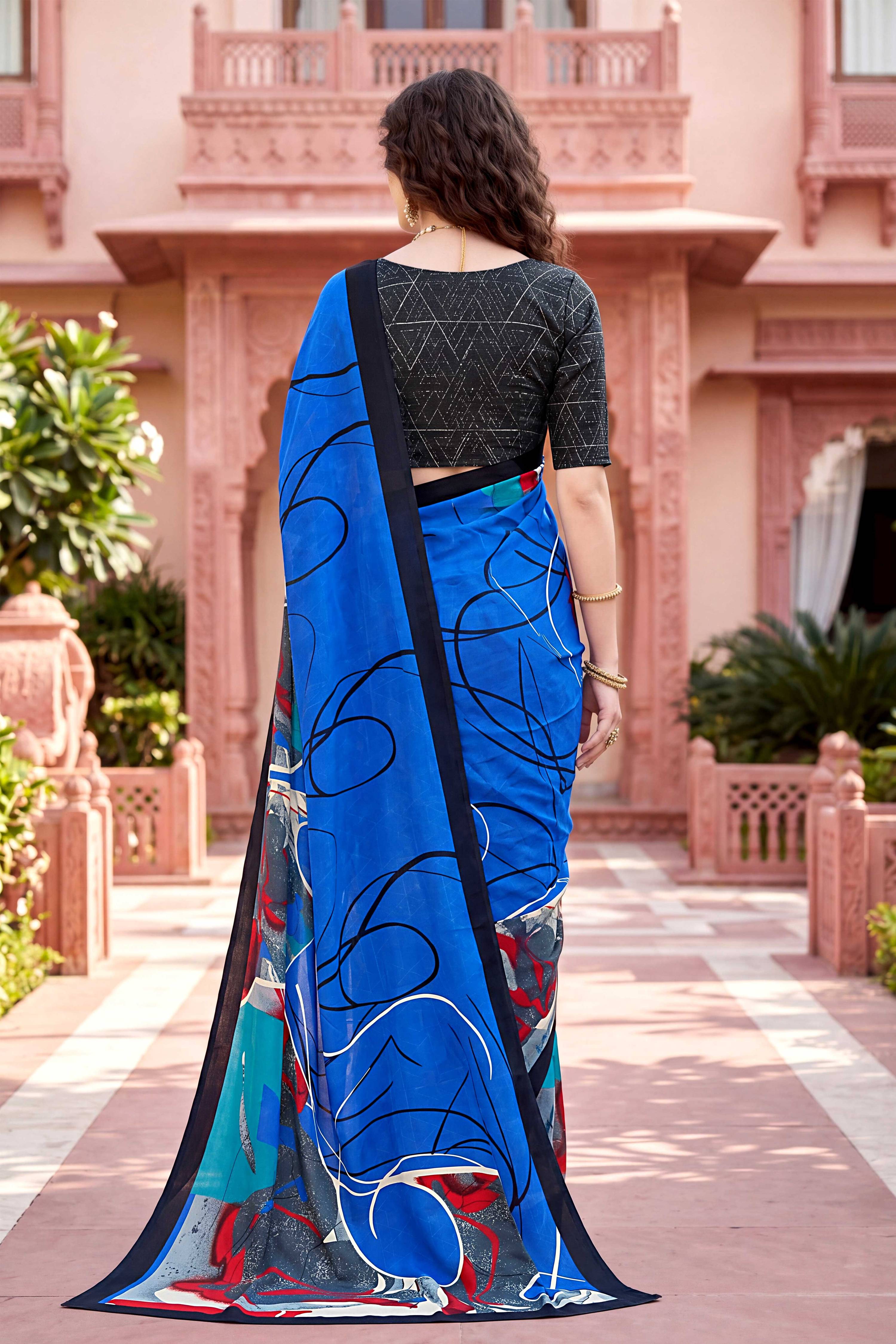 Sangam Prints Blue Cotton Print Woven Work Traditional Saree | Grocsy