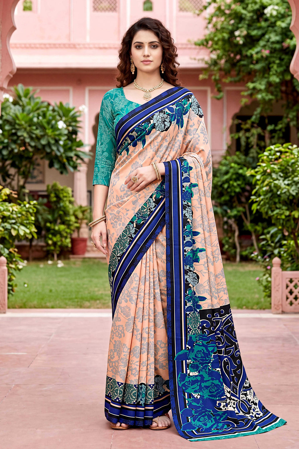 Sangam Prints Peach Cotton Print Woven Work Traditional Saree | Grocsy