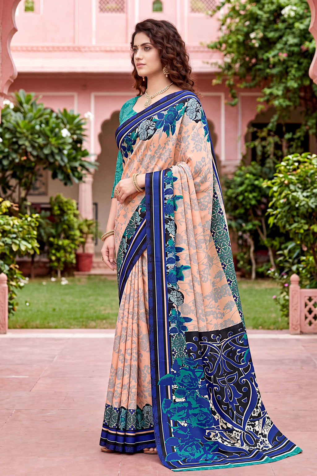 Sangam Prints Peach Cotton Print Woven Work Traditional Saree | Grocsy