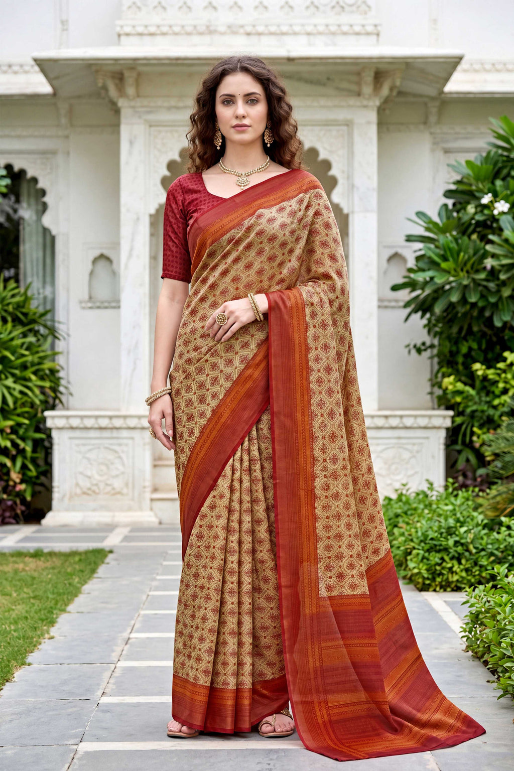 Sangam Prints Beige Cotton Print Woven Work Traditional Saree | Grocsy