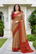Sangam Prints Beige Cotton Print Woven Work Traditional Saree | Grocsy