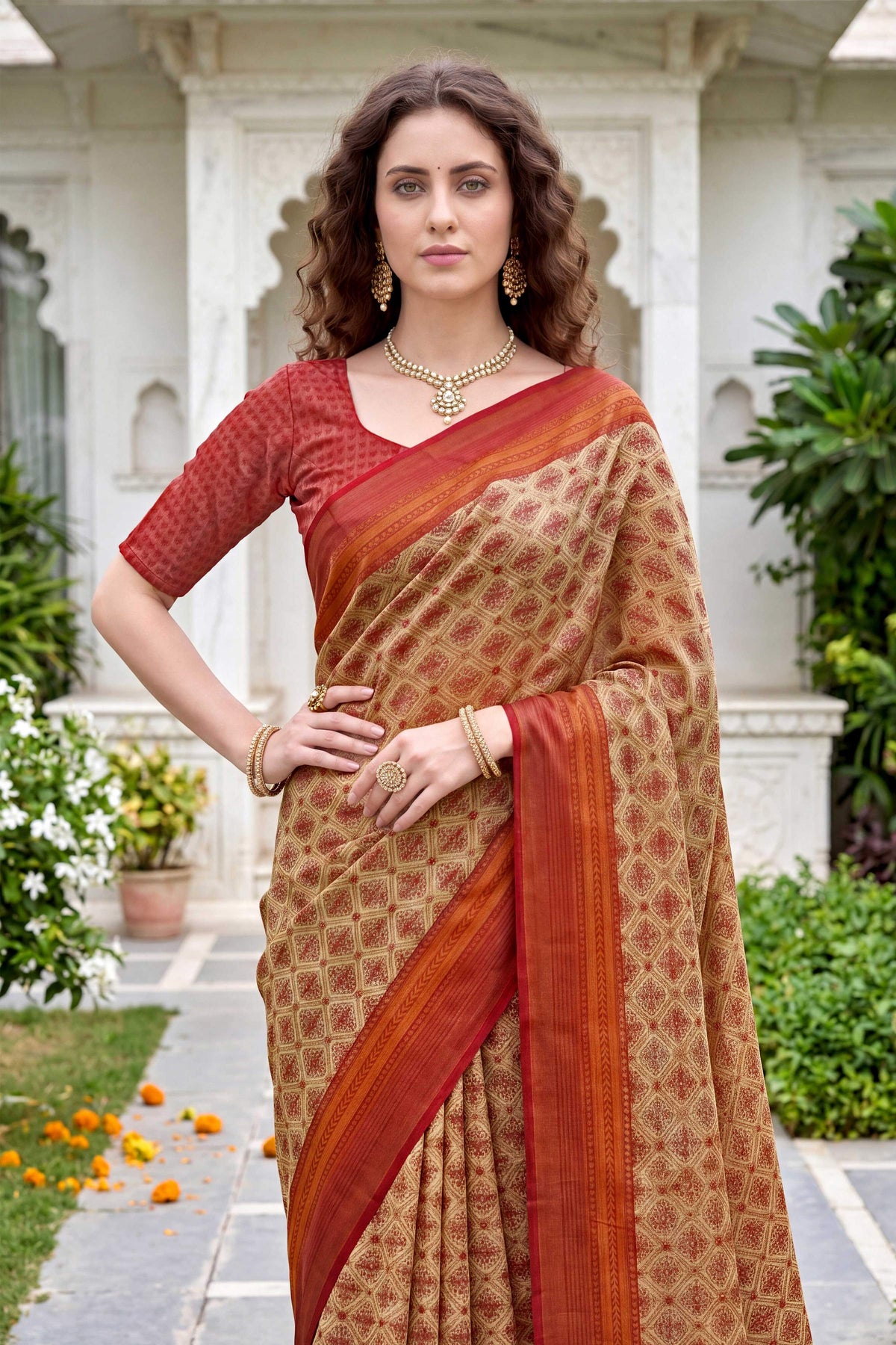 Sangam Prints Beige Cotton Print Woven Work Traditional Saree | Grocsy