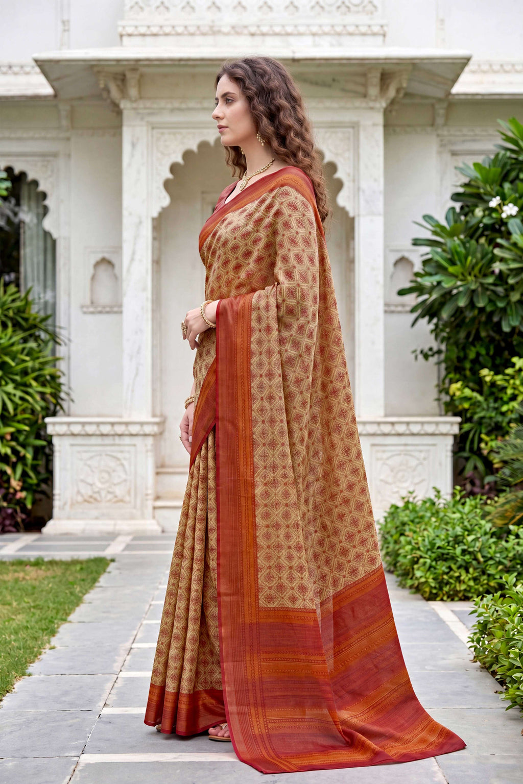 Sangam Prints Beige Cotton Print Woven Work Traditional Saree | Grocsy