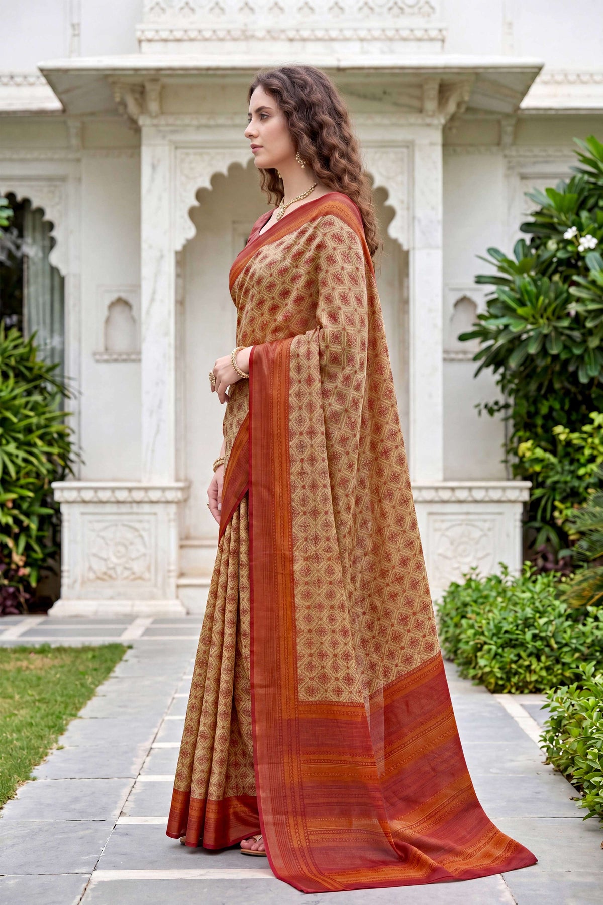 Sangam Prints Beige Cotton Print Woven Work Traditional Saree | Grocsy