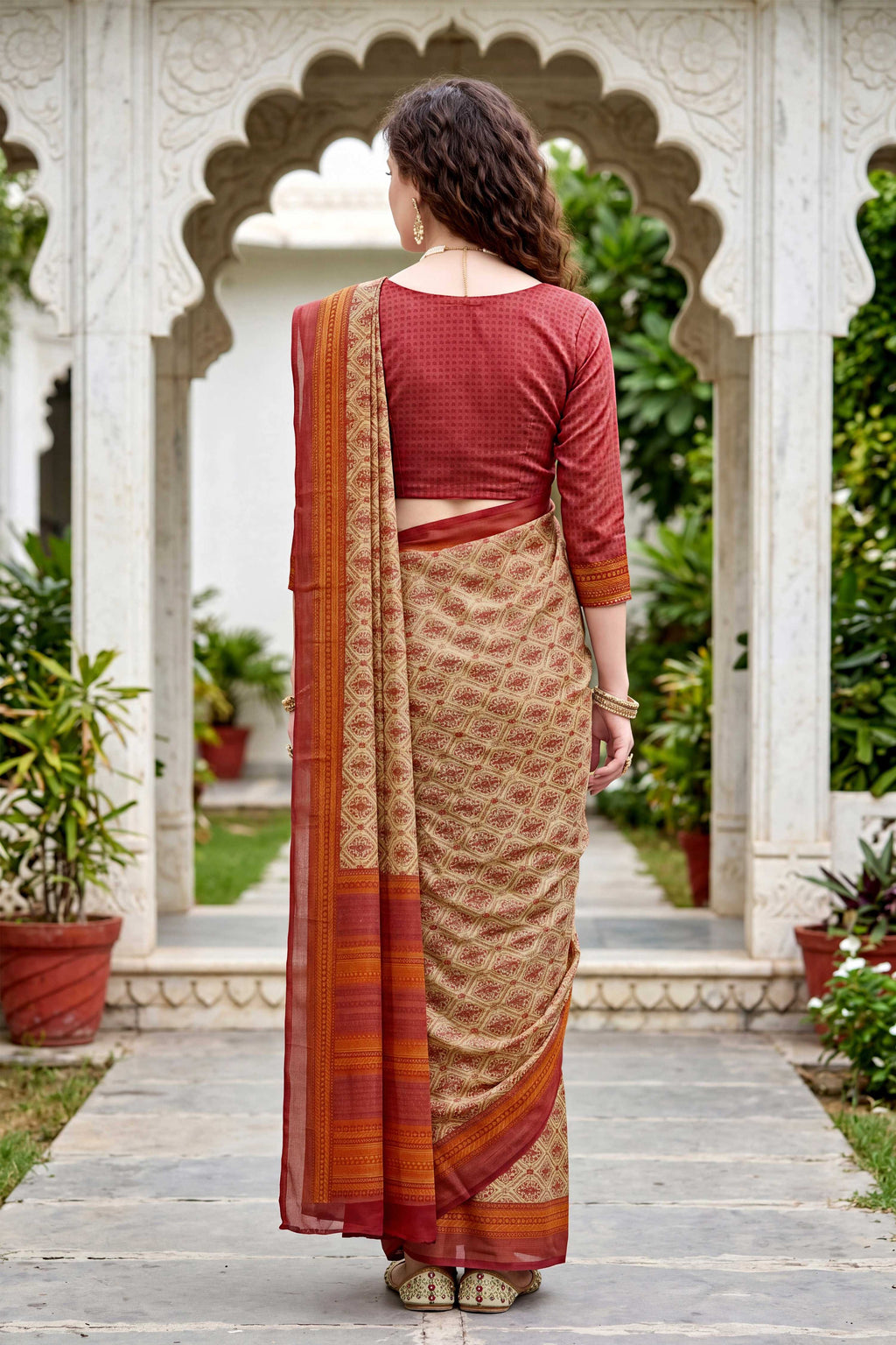 Sangam Prints Beige Cotton Print Woven Work Traditional Saree | Grocsy