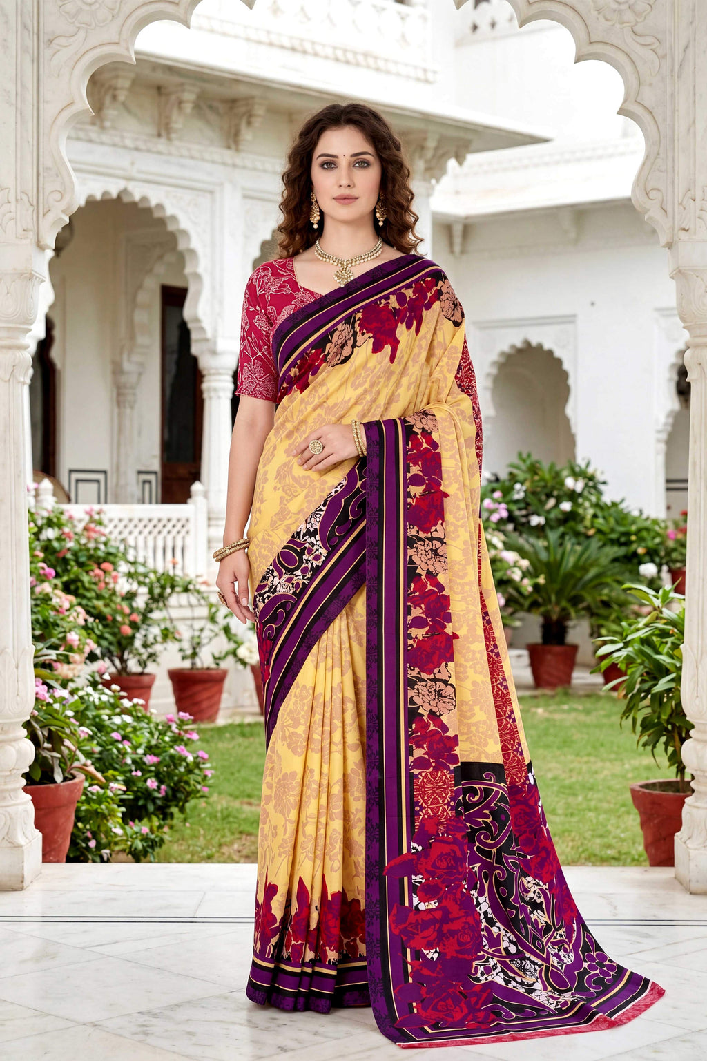 Sangam Prints Yellow Cotton Print Woven Work Traditional Saree | Grocsy