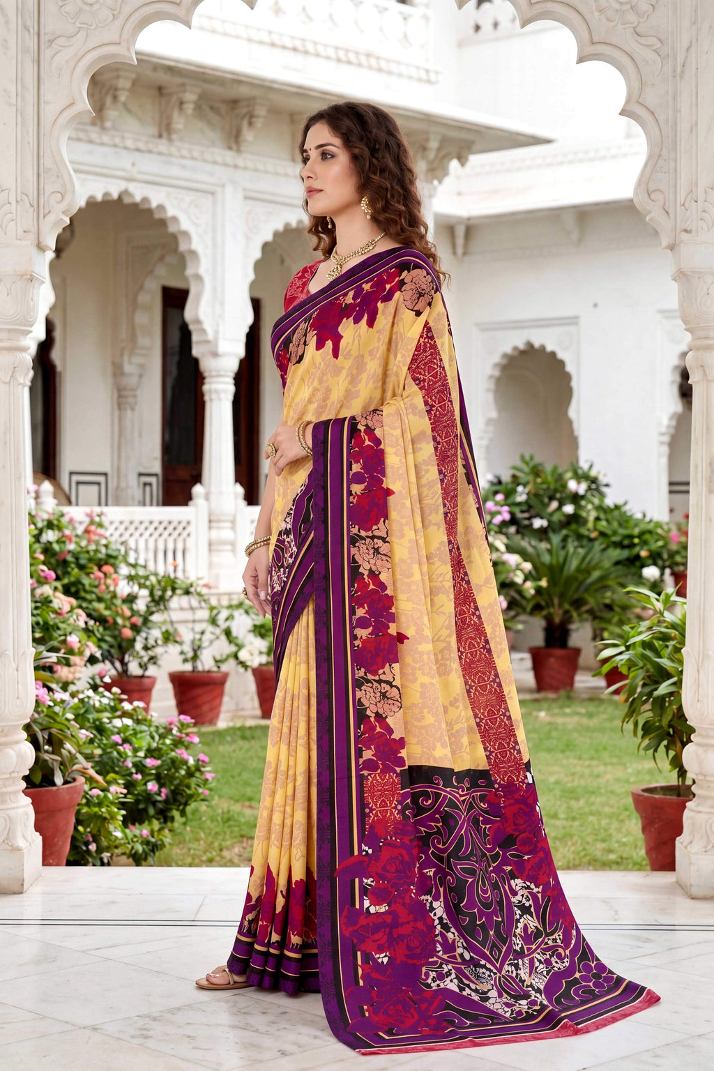 Sangam Prints Yellow Cotton Print Woven Work Traditional Saree | Grocsy