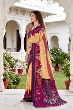Sangam Prints Yellow Cotton Print Woven Work Traditional Saree | Grocsy