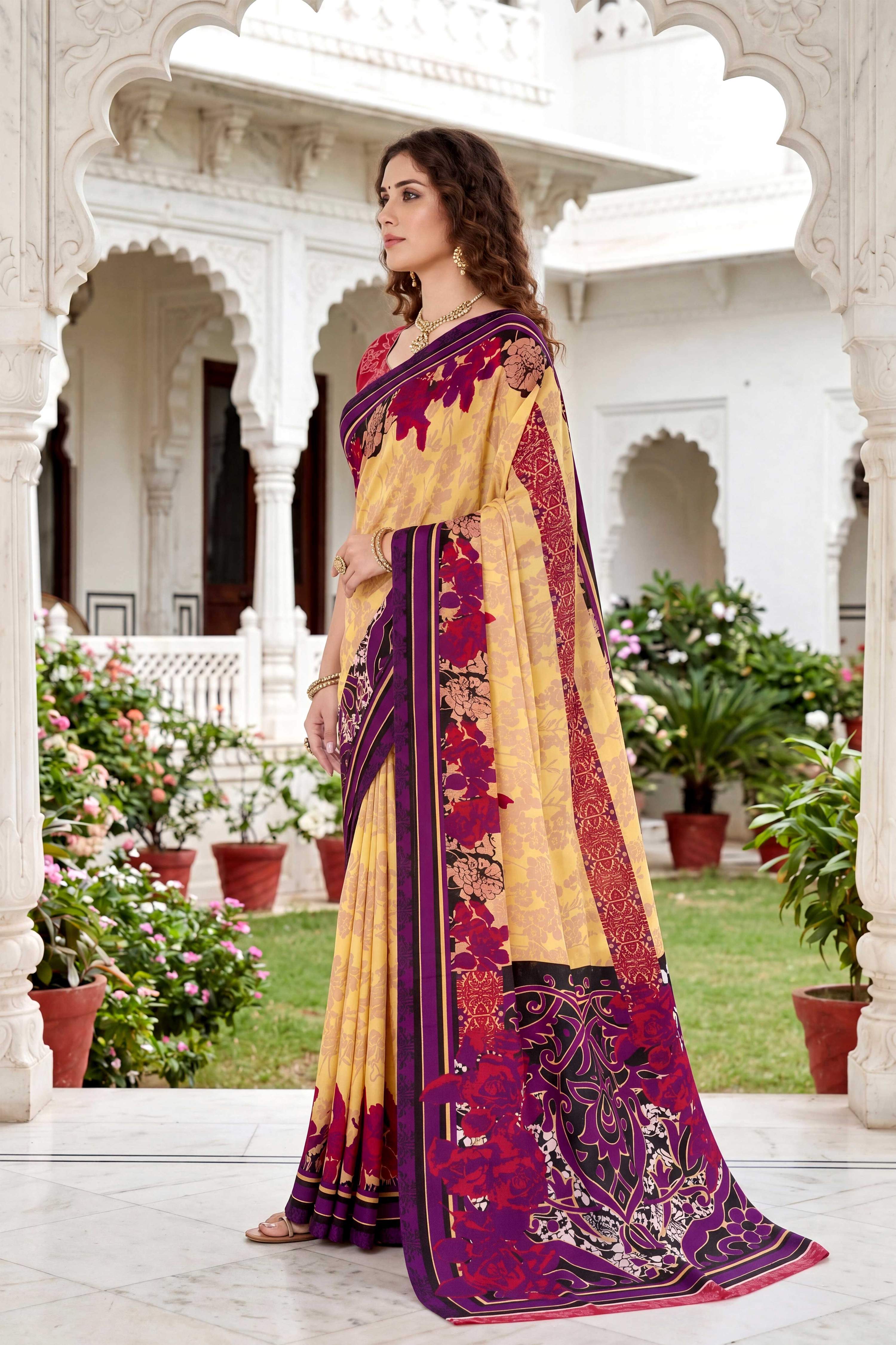 Sangam Prints Yellow Cotton Print Woven Work Traditional Saree | Grocsy