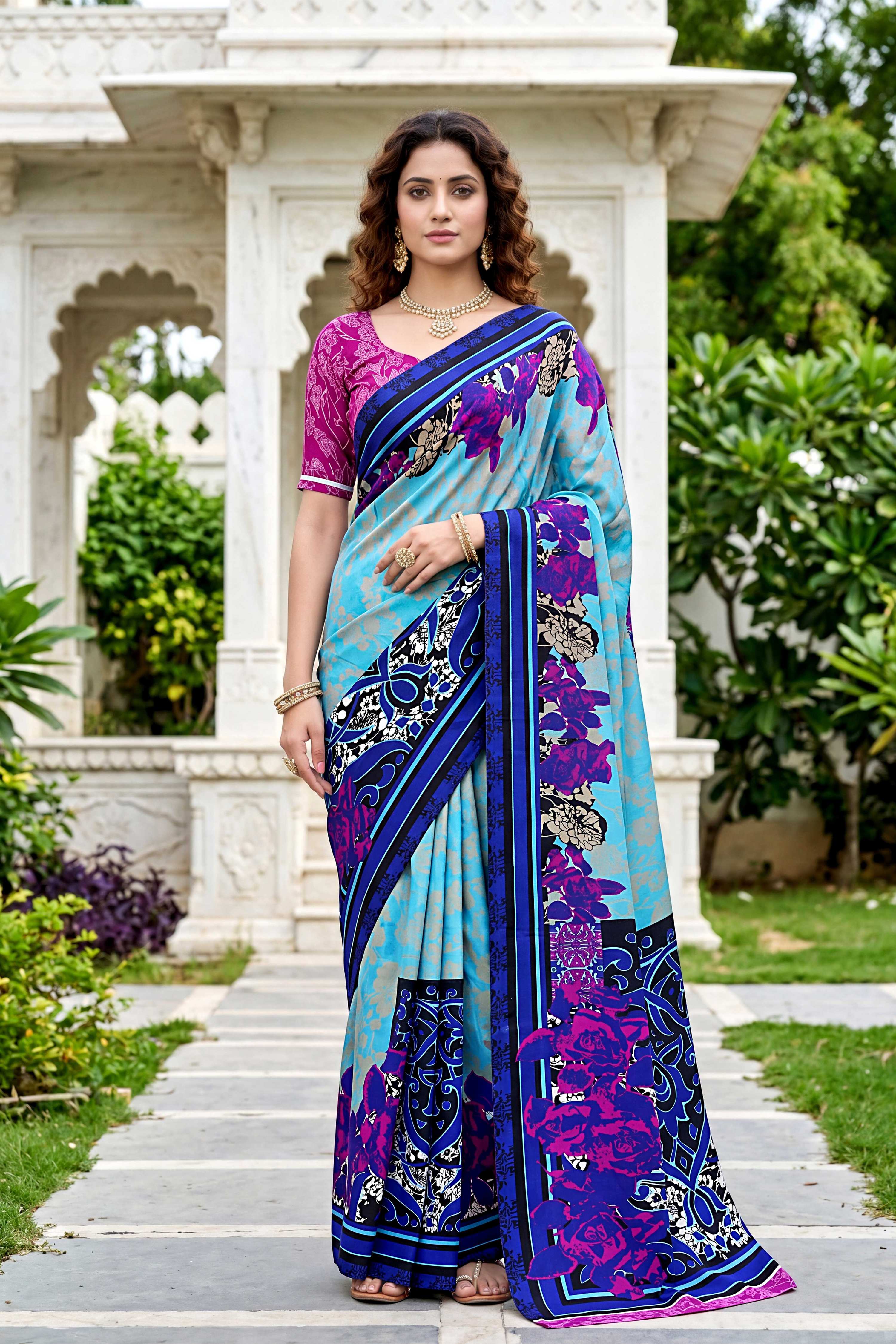 Sangam Prints Sky Blue Cotton Print Woven Work Traditional Saree | Grocsy