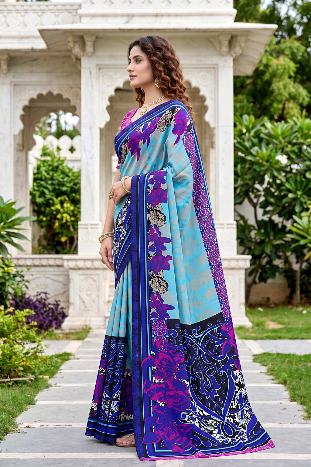 Sangam Prints Sky Blue Cotton Print Woven Work Traditional Saree | Grocsy