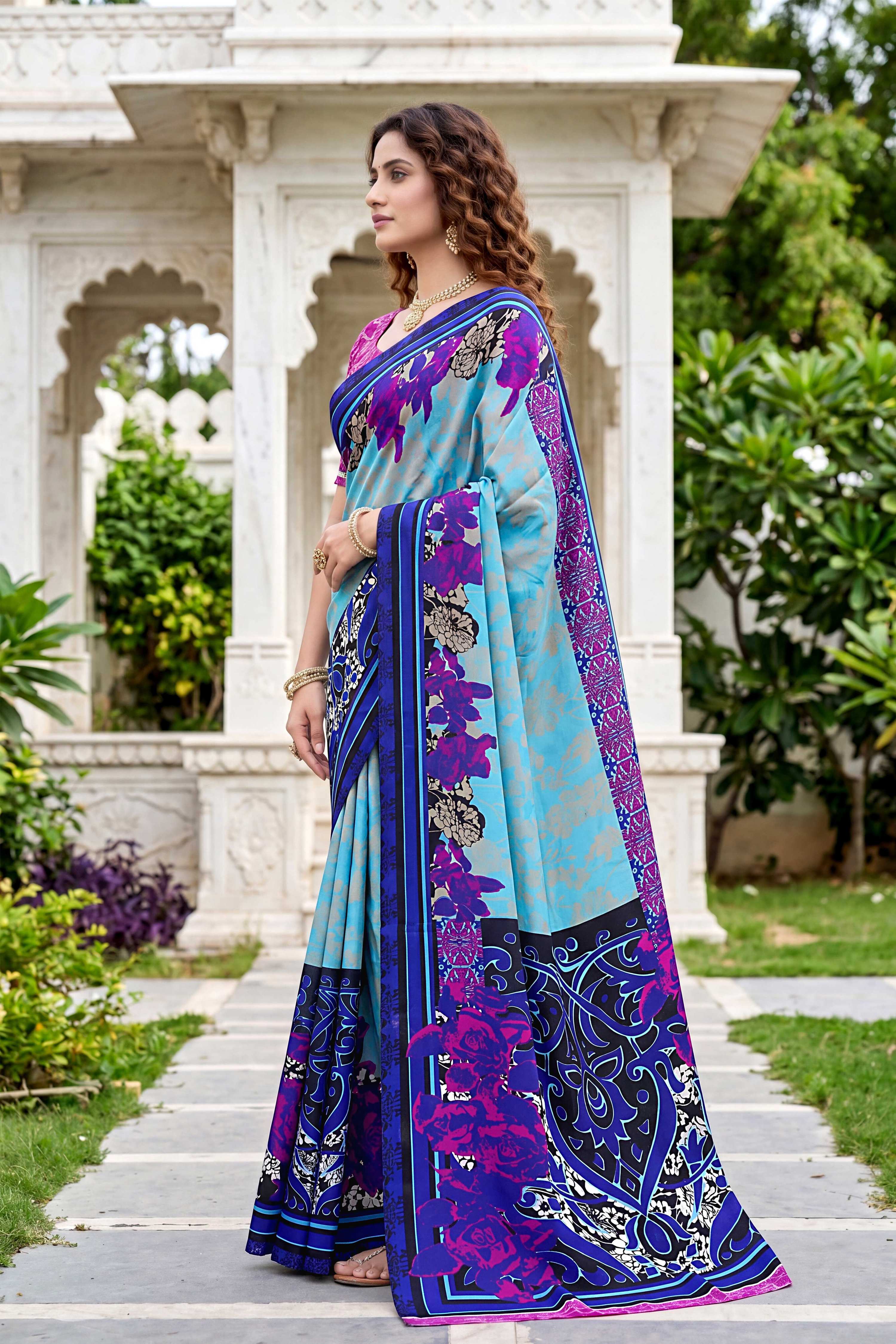 Sangam Prints Sky Blue Cotton Print Woven Work Traditional Saree | Grocsy