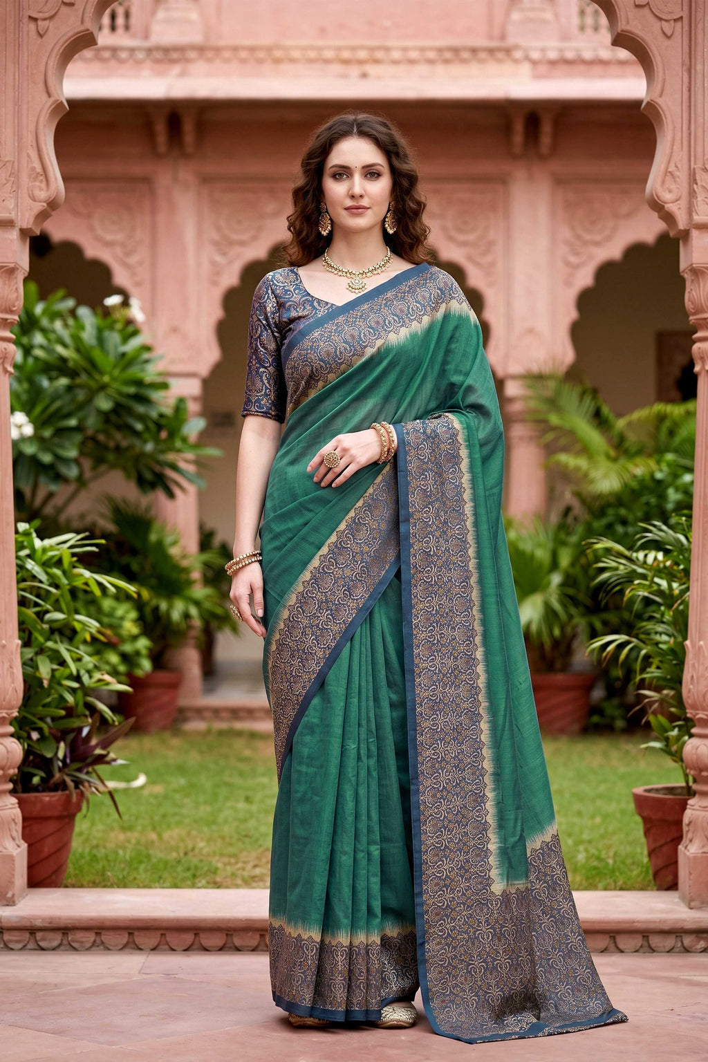 Sangam Prints Green Cotton Print Woven Work Traditional Saree | Grocsy