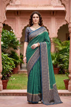Sangam Prints Green Cotton Print Woven Work Traditional Saree | Grocsy