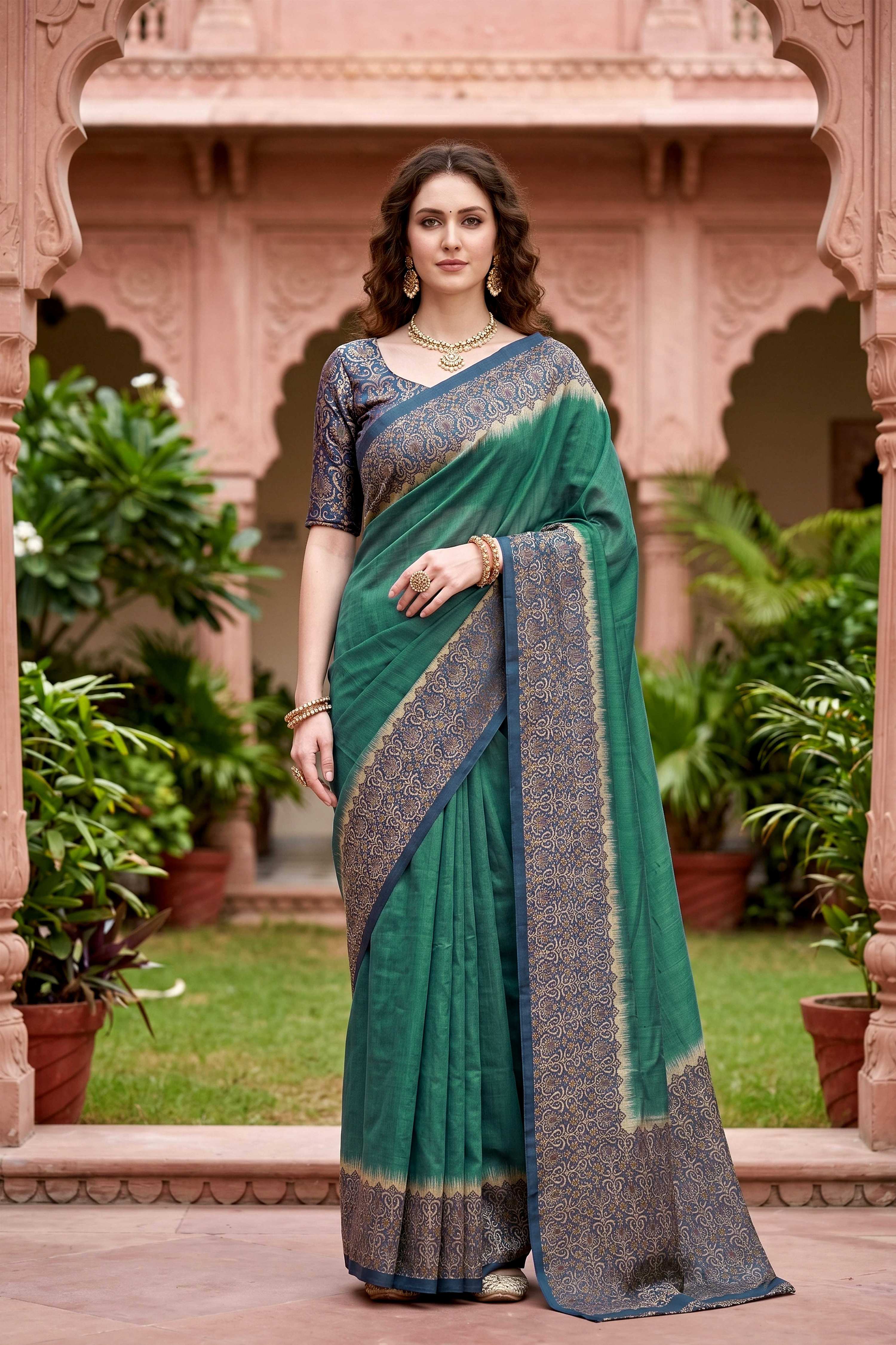 Sangam Prints Green Cotton Print Woven Work Traditional Saree | Grocsy