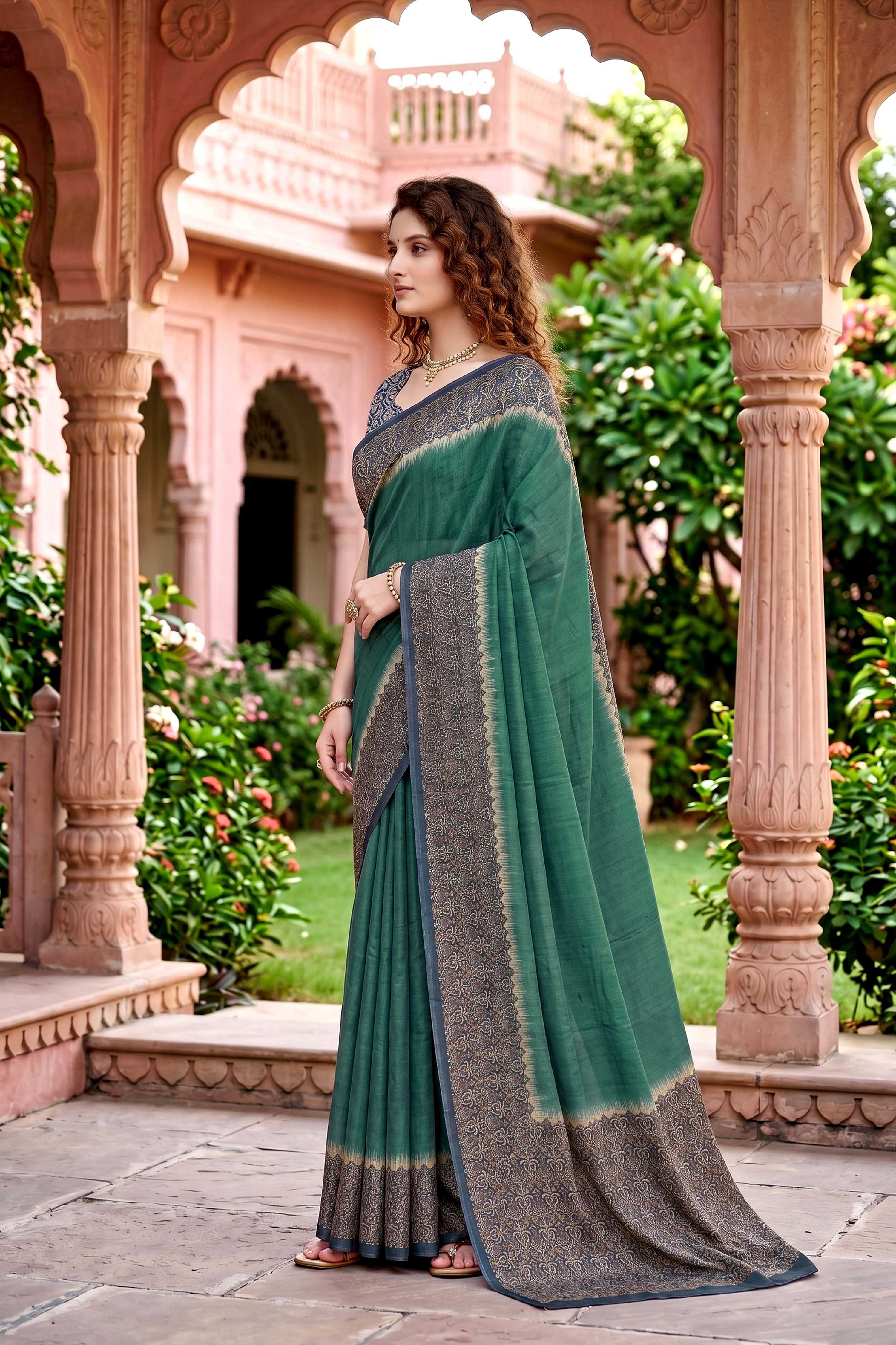 Sangam Prints Green Cotton Print Woven Work Traditional Saree | Grocsy