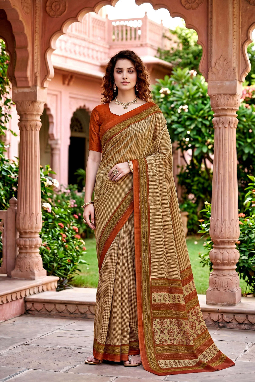 Sangam Prints Beige Cotton Print Woven Work Traditional Saree | Grocsy