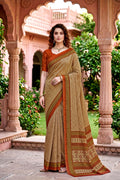 Sangam Prints Beige Cotton Print Woven Work Traditional Saree | Grocsy